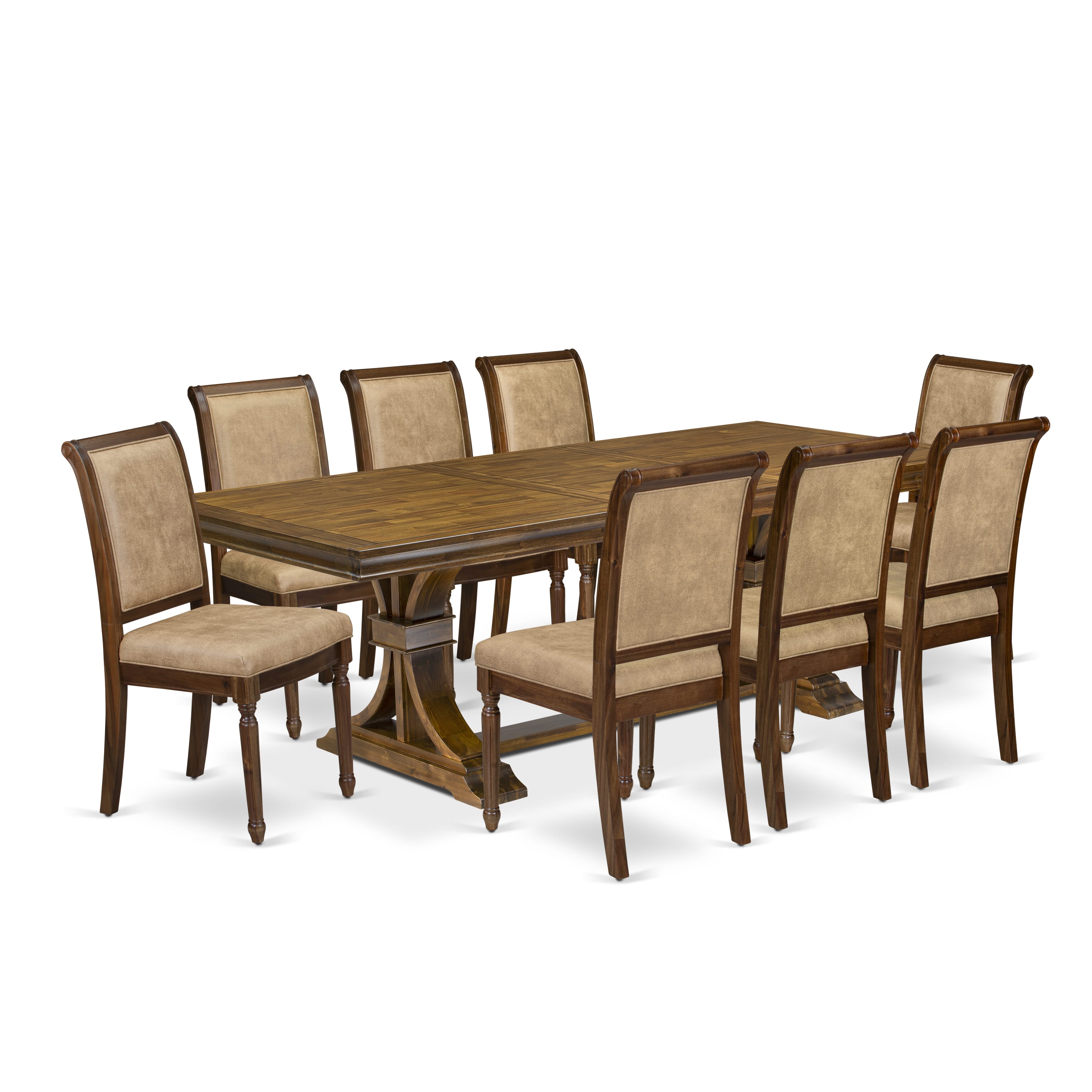 Luxe by East West Furniture LECY9-AWA-28 9-piece Dining Room Set consists of a Dining Table and 8 Beige PU Leather Kitchen Chairs with High Back - Antique Walnut Finish