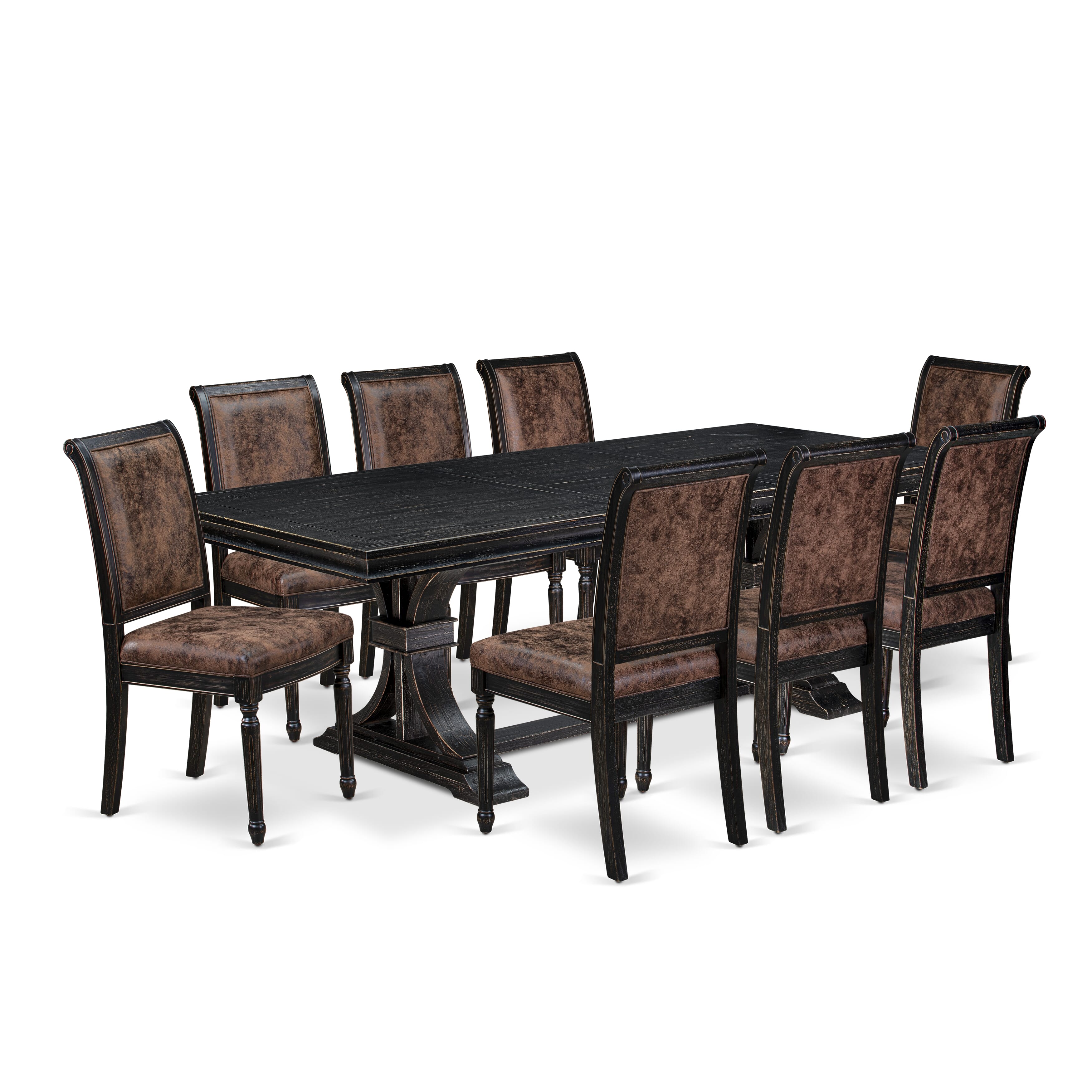 Luxe by East West Furniture LECY9-SBB-33 9-piece Modern Dining Table Set consists of a Dining Table and 8 Brown Textured PU Leather Dinner Chairs with High Back - Sand Blasting Black Finish