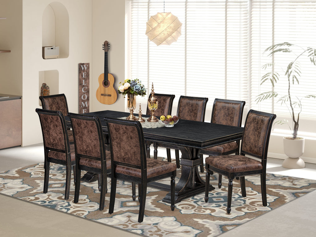 Luxe by East West Furniture LECY9-SBB-33 9-piece Modern Dining Table Set consists of a Dining Table and 8 Brown Textured PU Leather Dinner Chairs with High Back - Sand Blasting Black Finish