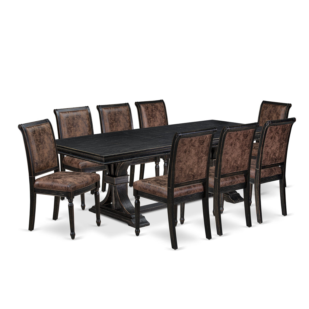 Luxe by East West Furniture LECY9-SBB-33 9-piece Modern Dining Table Set consists of a Dining Table and 8 Brown Textured PU Leather Dinner Chairs with High Back - Sand Blasting Black Finish