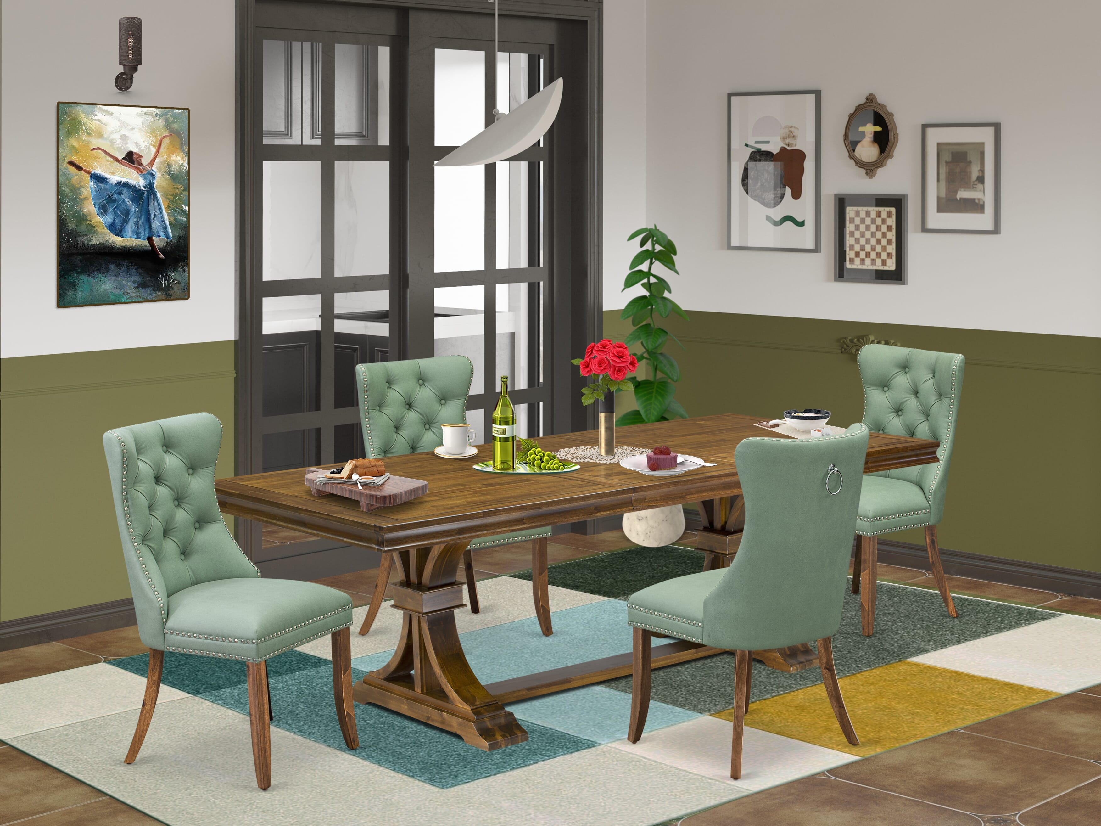Luxe by East West Furniture LEDA5-AWA-22 5-piece Dining Table Set includes a Kitchen Table and 4 Willow Green PU Leather Dinner Chairs with Button tufted Back - Antique Walnut Finish