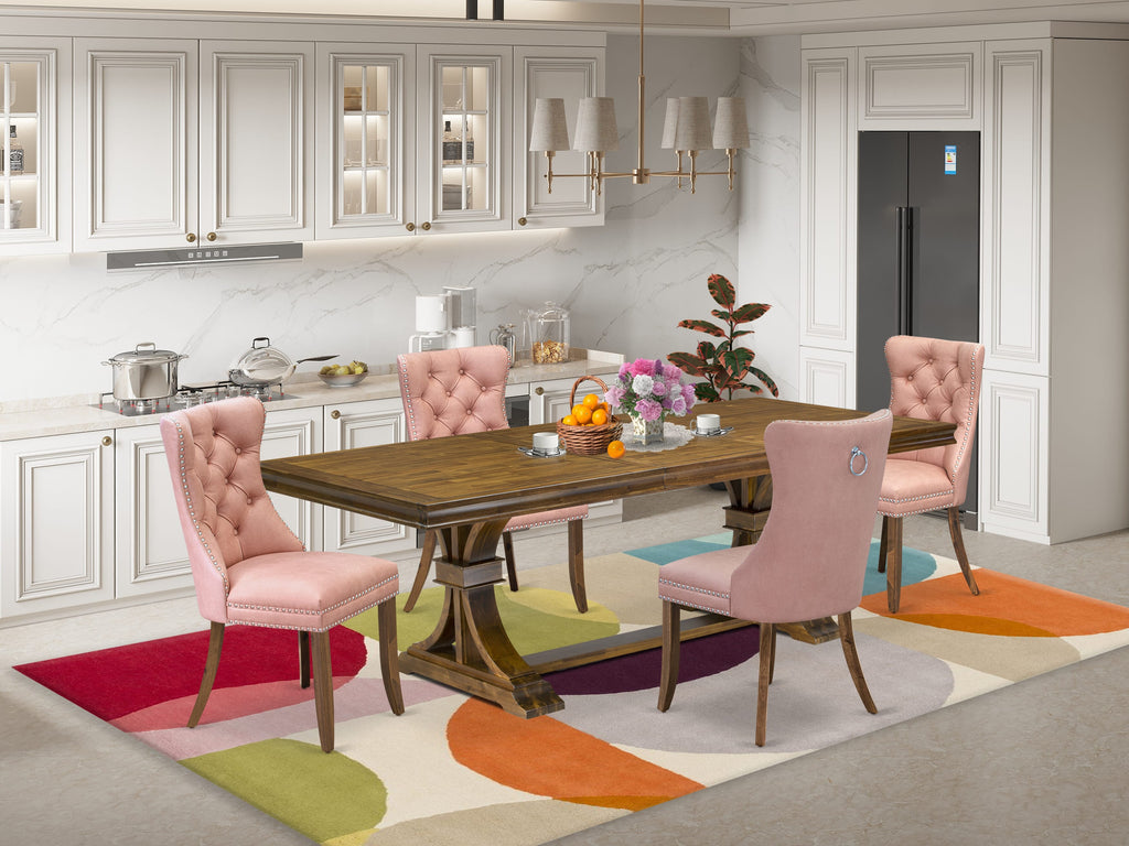 Luxe by East West Furniture LEDA5-AWA-23 5-piece Dining Table Set consists of a Modern Dining Table and 4 Beige Red Faux Leather Kitchen Chairs with Button tufted Back - Antique Walnut Finish