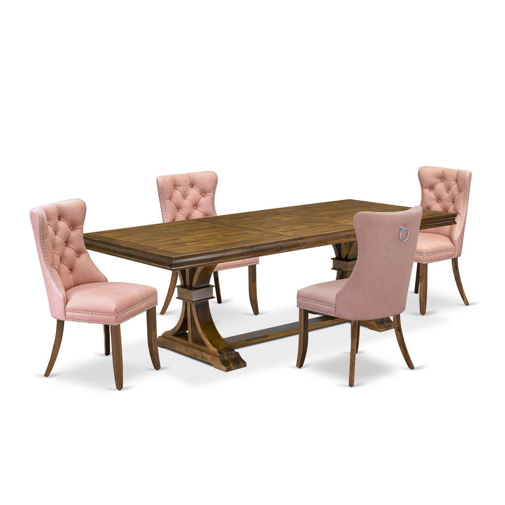 Luxe by East West Furniture LEDA5-AWA-23 5-piece Dining Table Set consists of a Modern Dining Table and 4 Beige Red Faux Leather Kitchen Chairs with Button tufted Back - Antique Walnut Finish