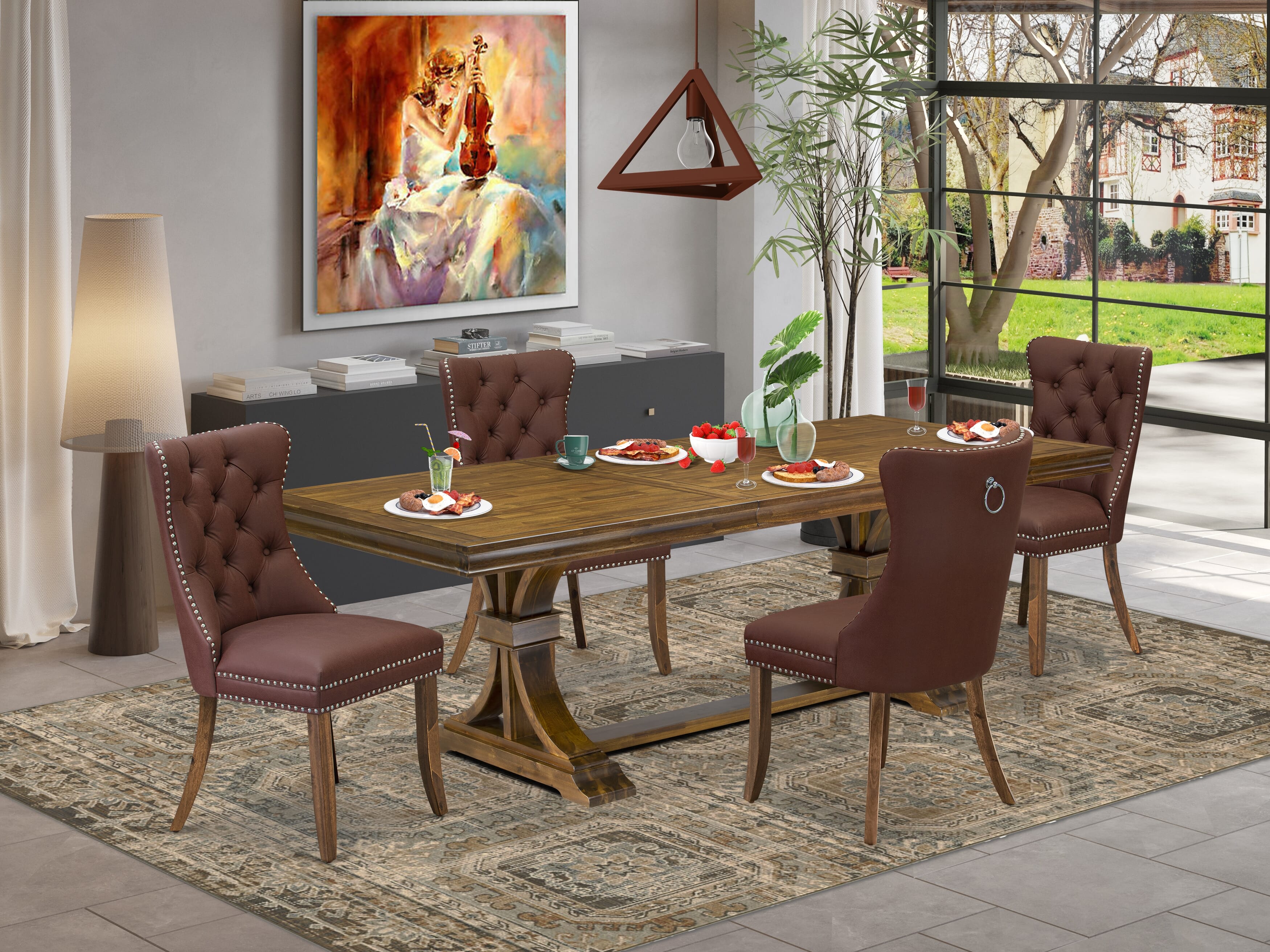 Luxe by East West Furniture LEDA5-AWA-26 5-piece Kitchen Table Set consists of a Dining Table and 4 Burgundy Faux Leather Kitchen Chairs with Button tufted Back - Antique Walnut Finish