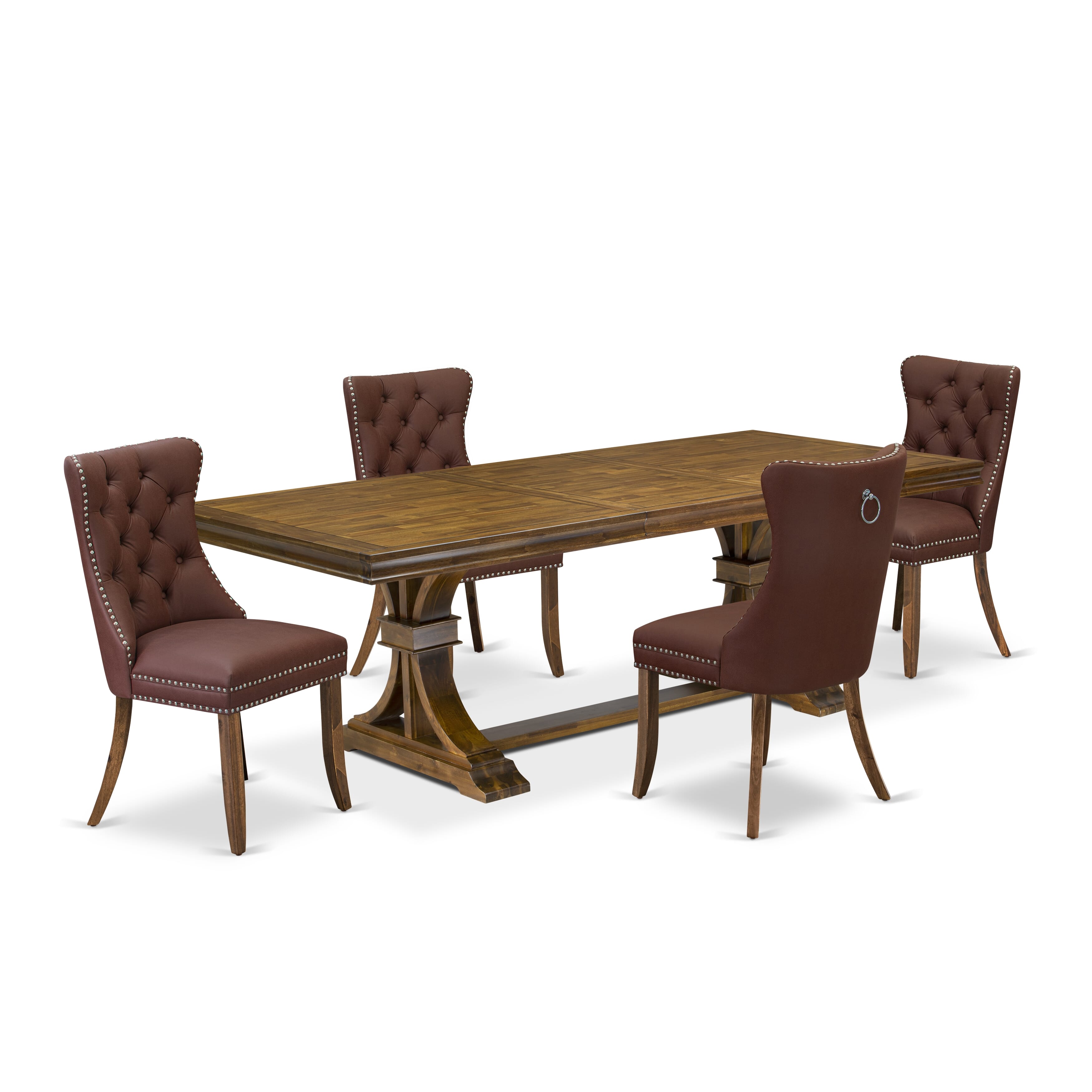 Luxe by East West Furniture LEDA5-AWA-26 5-piece Kitchen Table Set consists of a Dining Table and 4 Burgundy Faux Leather Kitchen Chairs with Button tufted Back - Antique Walnut Finish