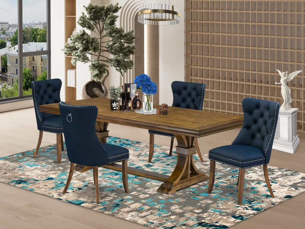 Luxe by East West Furniture LEDA5-AWA-29-5 Pieces Modern Dining Set Includes a Rectangle Kitchen Table and 4 Navy Blue Faux Leather Dining Chairs, Antique Walnut
