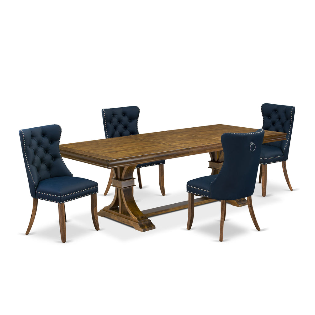 Luxe by East West Furniture LEDA5-AWA-29-5 Pieces Modern Dining Set Includes a Rectangle Kitchen Table and 4 Navy Blue Faux Leather Dining Chairs, Antique Walnut