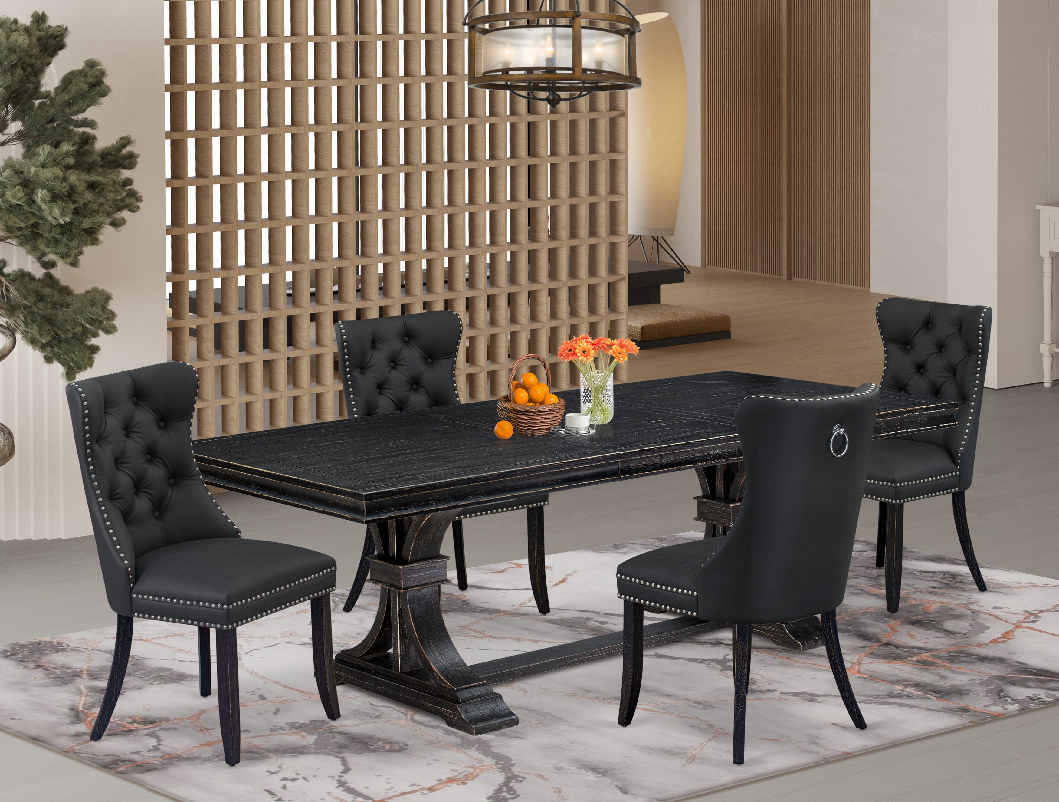 Luxe by East West Furniture LEDA5-SBB-12-5 Pieces Modern Dining Set Includes a Rectangle Kitchen Table and 4 Dark Gray Faux Leather Dining Chairs, Sand Blasting Black