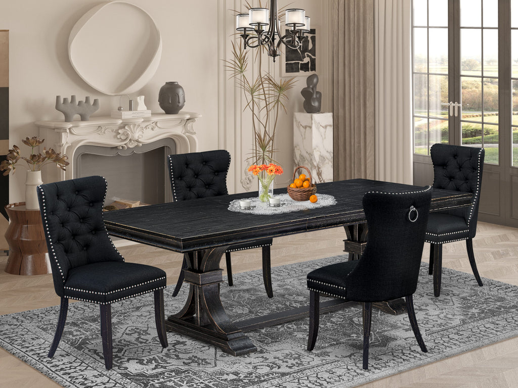 Luxe by East West Furniture LEDA5-SBB-24 - 5-piece dining table set consists of a wooden table and 4 Black Linen Fabric dining Chairs with Button Tufted Chair Back - Sand Blasting Black Finish.