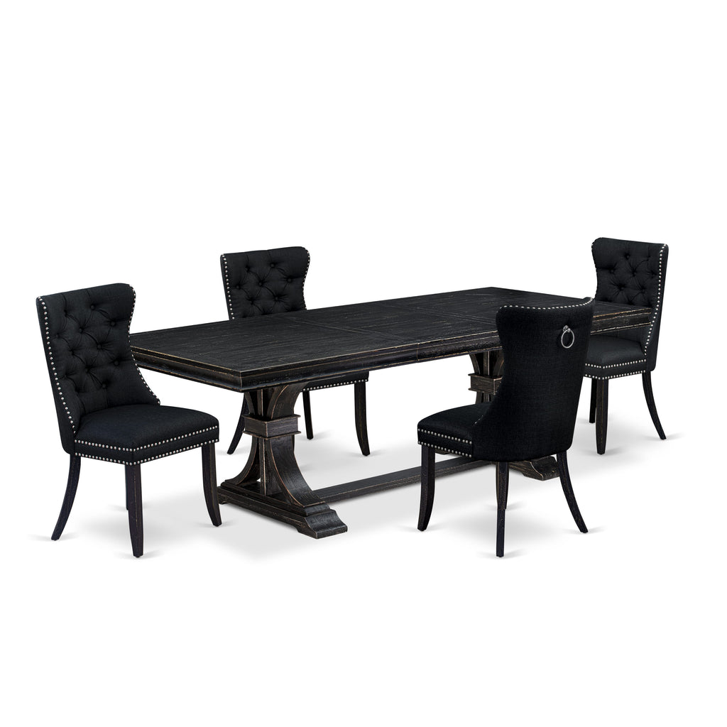 Luxe by East West Furniture LEDA5-SBB-24 - 5-piece dining table set consists of a wooden table and 4 Black Linen Fabric dining Chairs with Button Tufted Chair Back - Sand Blasting Black Finish.