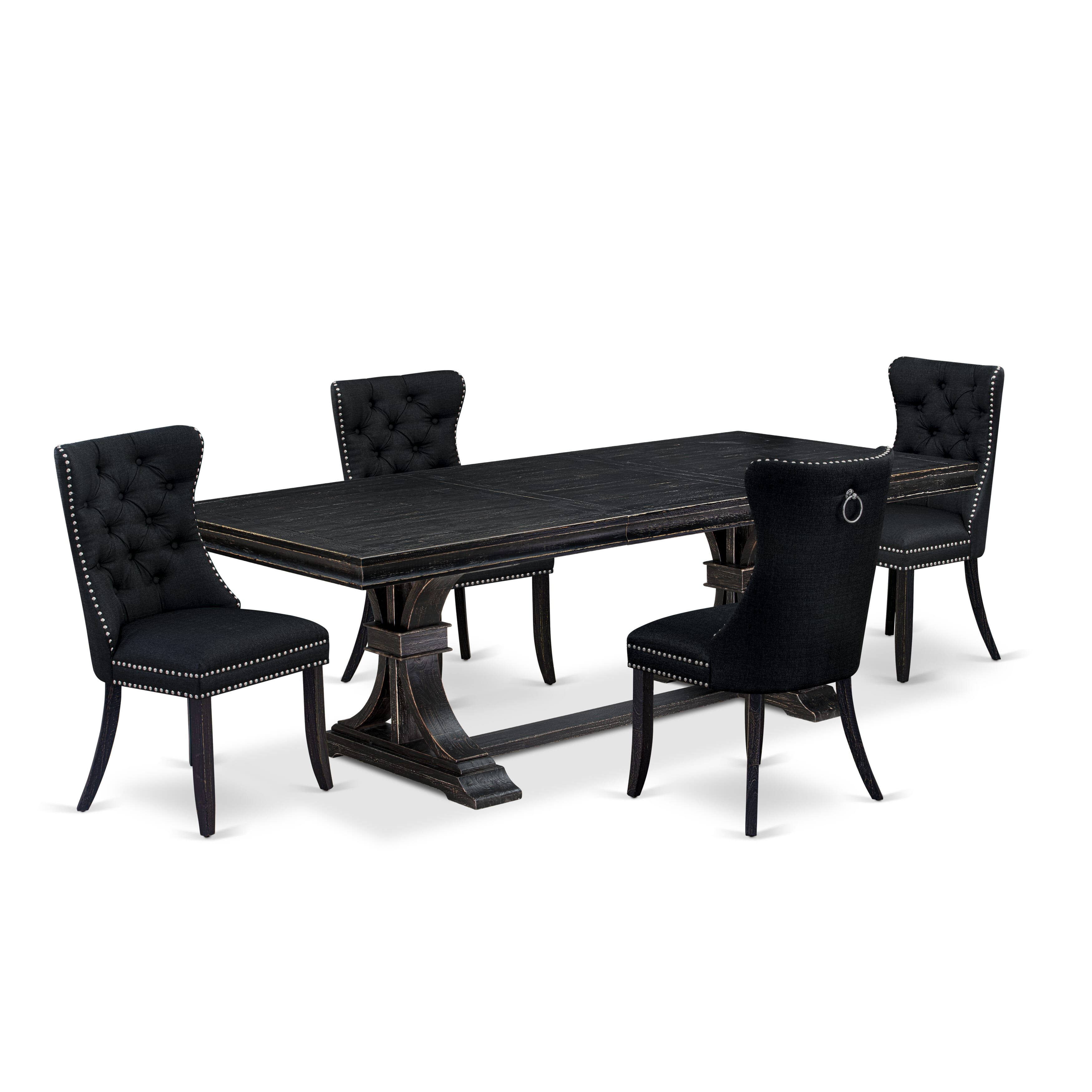 Luxe by East West Furniture LEDA5-SBB-24 - 5-piece dining table set consists of a wooden table and 4 Black Linen Fabric dining Chairs with Button Tufted Chair Back - Sand Blasting Black Finish.
