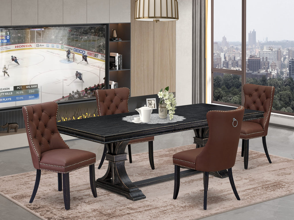 Luxe by East West Furniture LEDA5-SBB-26 - 5-piece dining set includes a dining table and 4 Burgundy Faux Leather Parson Chairs with Button Tufted Chair Back - Sand Blasting Black Finish