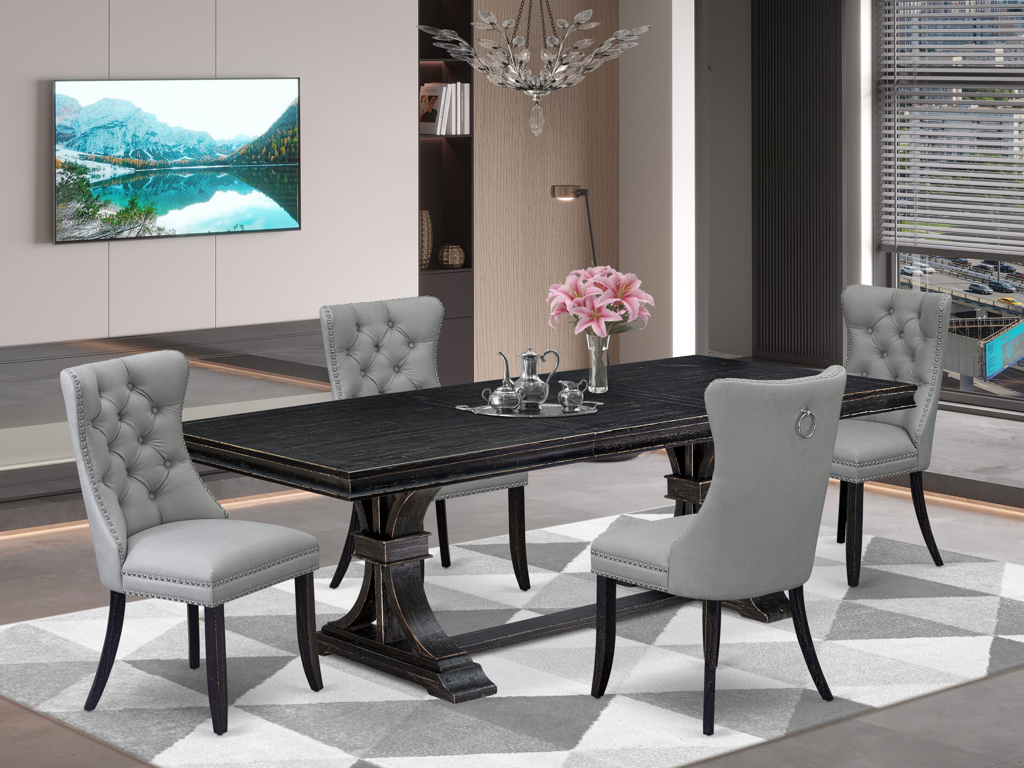 Luxe by East West Furniture LEDA5-SBB-27 - 5-piece kitchen dining set includes a wooden table and 4 Light Gray Faux Leather Parson Chairs with Button Tufted Chair Back - Sand Blasting Black Finish