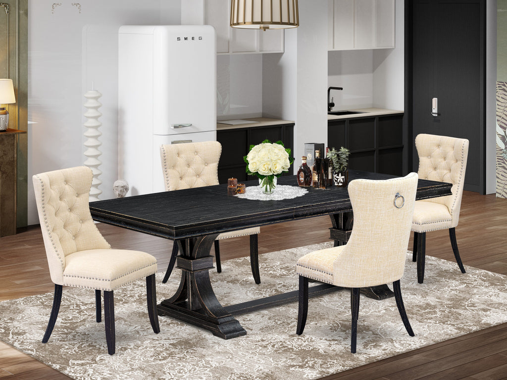 Luxe by East West Furniture LEDA5-SBB-32 - 5-piece kitchen table set consists of a dinner table and 4 Light Beige Linen Fabric kitchen chairs with Button Tufted Chair Back - Sand Blasting Black Finish.