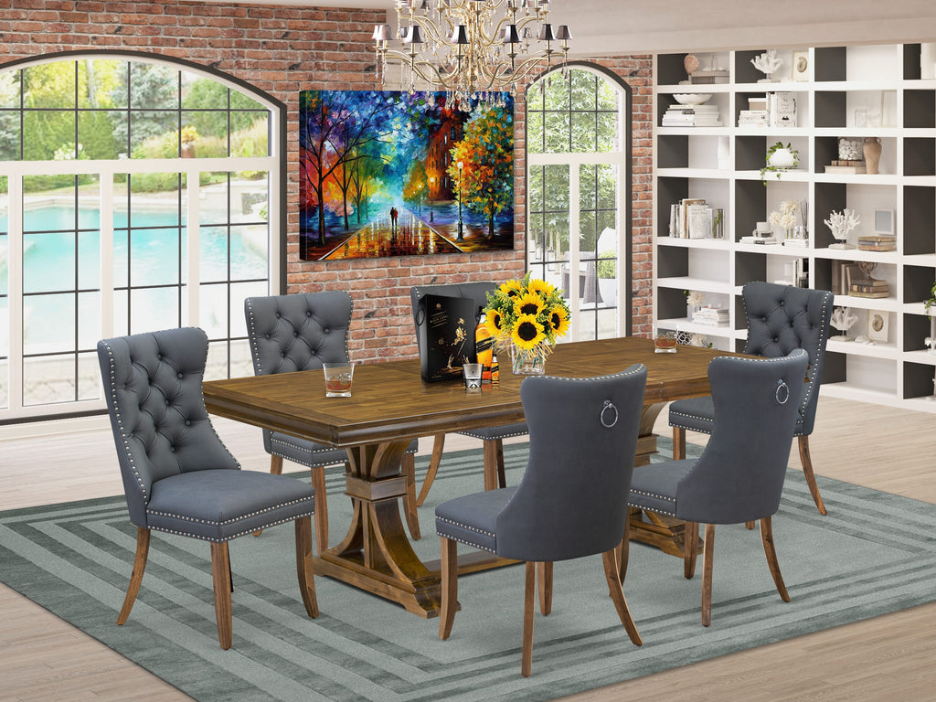 Luxe by East West Furniture LEDA7-AWA-13 7-piece Modern Dining Table Set includes a Kitchen Table and 6 Platinum Gray PU Leather Dining Chairs with Button tufted Back - Antique Walnut Finish