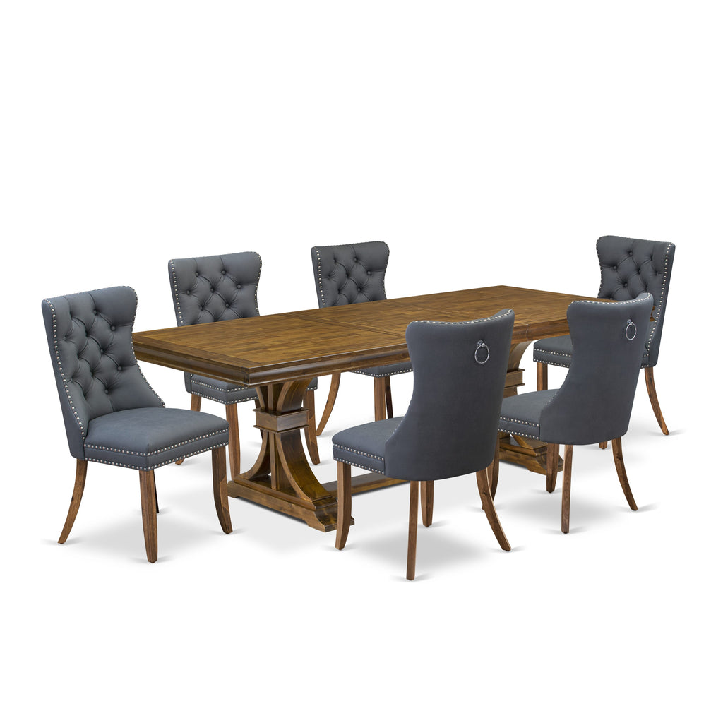 Luxe by East West Furniture LEDA7-AWA-13 7-piece Modern Dining Table Set includes a Kitchen Table and 6 Platinum Gray PU Leather Dining Chairs with Button tufted Back - Antique Walnut Finish