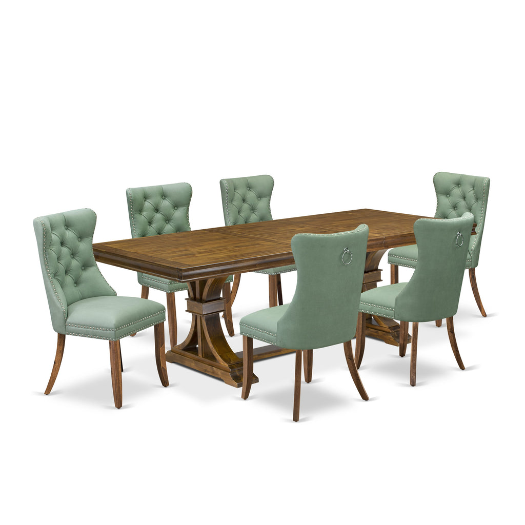 Luxe by East West Furniture LEDA7-AWA-22 7-piece Kitchen Table Set consists of a Dining Table and 6 Willow Green PU Leather Modern Dining Chairs with Button tufted Back - Antique Walnut Finish