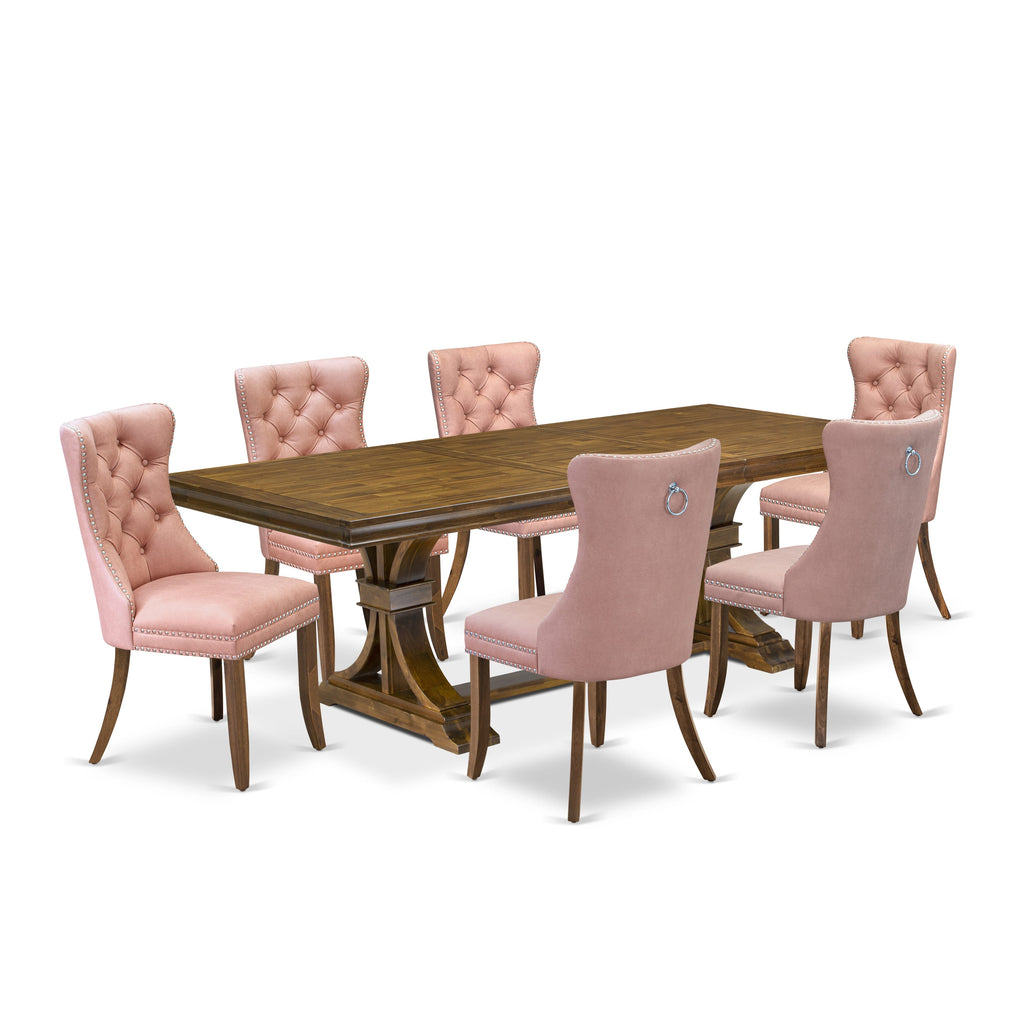 Luxe by East West Furniture LEDA7-AWA-23 7-piece Dining Table Set includes a Kitchen Table and 6 Beige Red Faux Leather Dining Chairs with Button tufted Back - Antique Walnut Finish