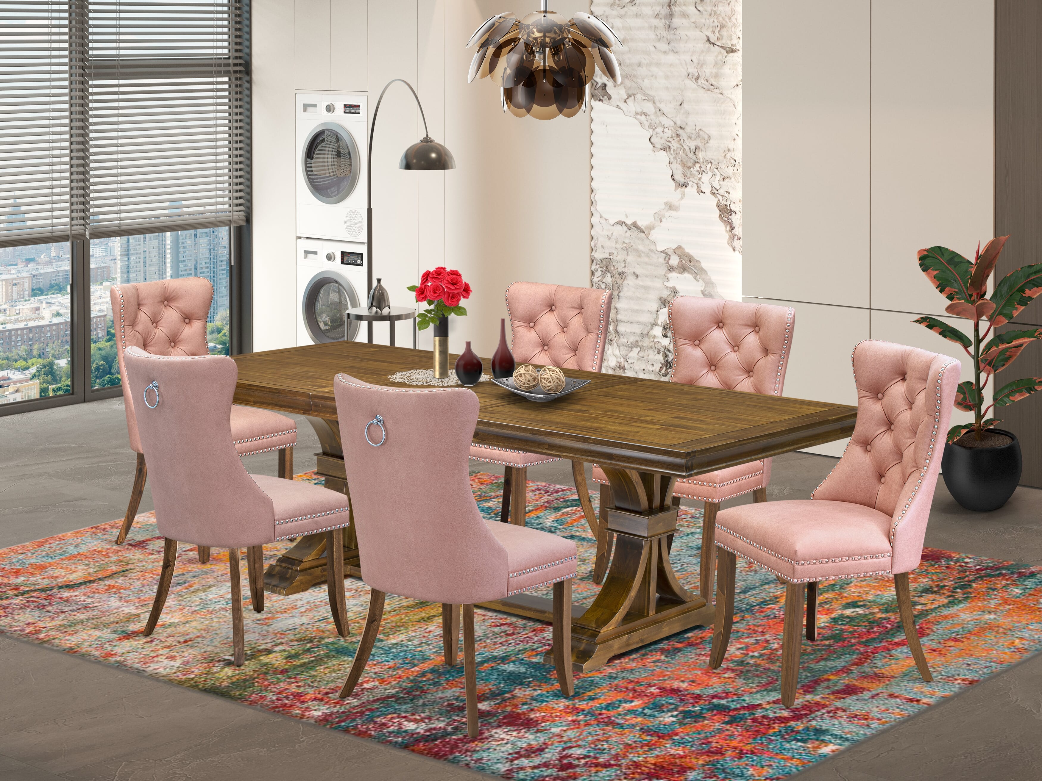 Luxe by East West Furniture LEDA7-AWA-23 7-piece Dining Table Set includes a Kitchen Table and 6 Beige Red Faux Leather Dining Chairs with Button tufted Back - Antique Walnut Finish