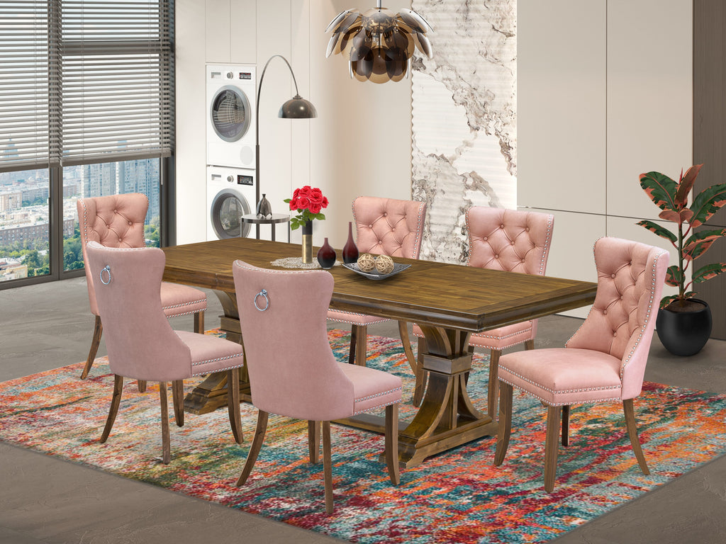 Luxe by East West Furniture LEDA7-AWA-23 7-piece Dining Table Set includes a Kitchen Table and 6 Beige Red Faux Leather Dining Chairs with Button tufted Back - Antique Walnut Finish