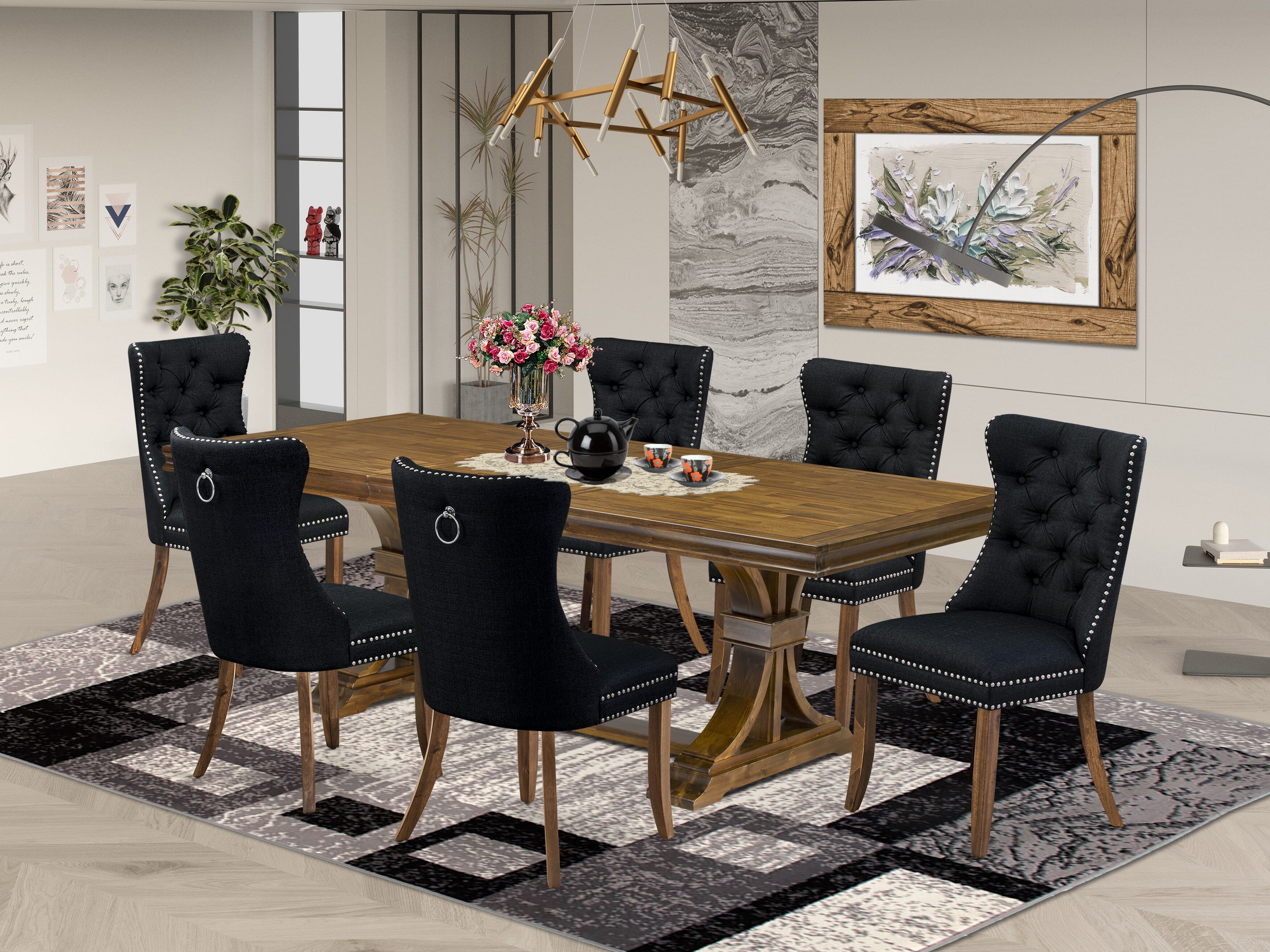 Luxe by East West Furniture LEDA7-AWA-24-7 Pieces Dining Set Contains a Rectangle Kitchen Table and 6 Black Linen fabric Modern Chairs, Antique Walnut