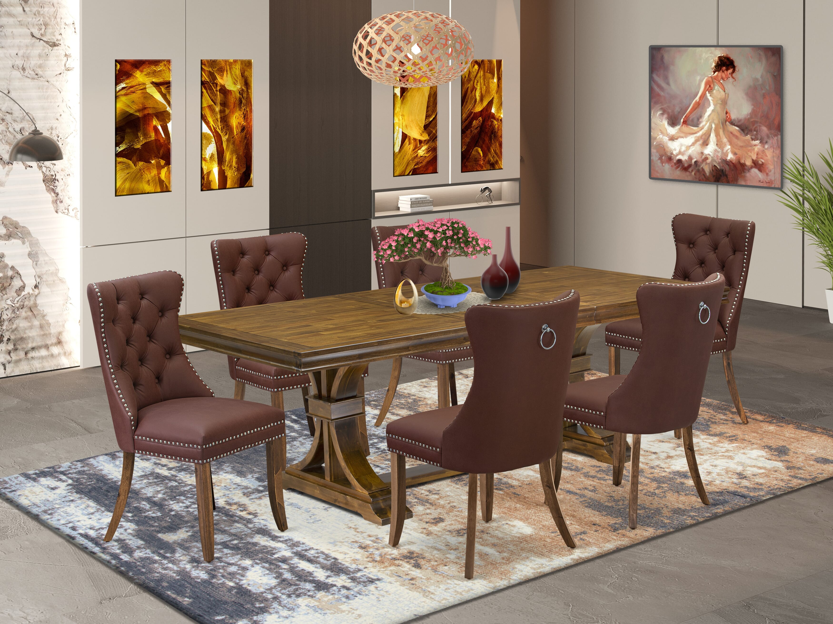 Luxe by East West Furniture LEDA7-AWA-26 7-piece Modern Dining Table Set includes a Kitchen Table and 6 Burgundy Faux Leather Dining Chairs with Button tufted Back - Antique Walnut Finish