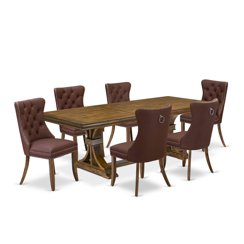 Luxe by East West Furniture LEDA7-AWA-26 7-piece Modern Dining Table Set includes a Kitchen Table and 6 Burgundy Faux Leather Dining Chairs with Button tufted Back - Antique Walnut Finish