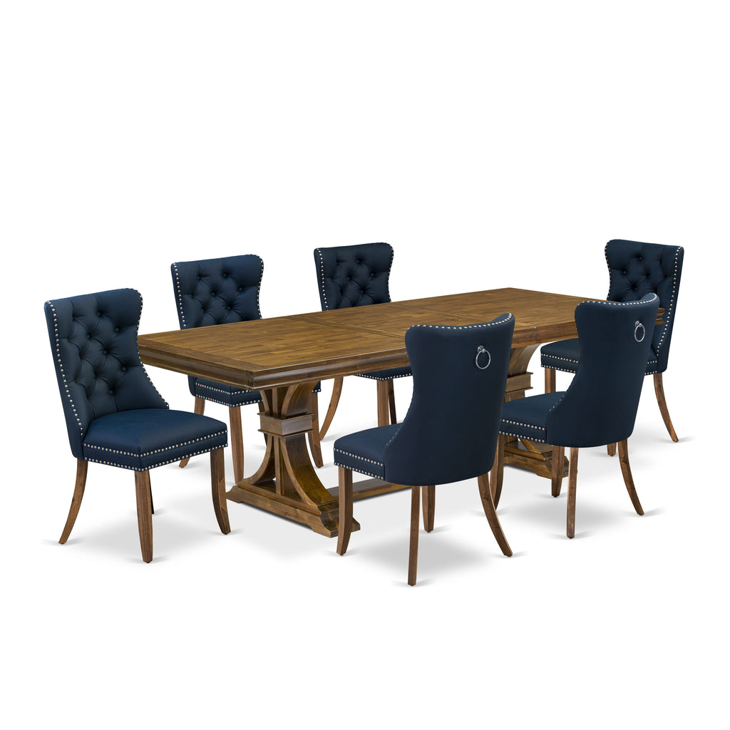 Luxe by East West Furniture LEDA7-AWA-29-7 Pieces Dining Set Contains a Rectangle Kitchen Table and 6 Navy Blue Faux Leather Modern Chairs, Antique Walnut