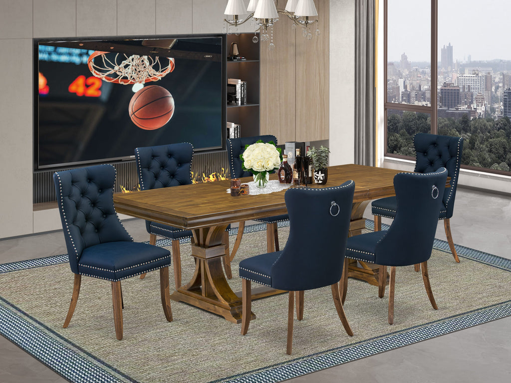 Luxe by East West Furniture LEDA7-AWA-29-7 Pieces Dining Set Contains a Rectangle Kitchen Table and 6 Navy Blue Faux Leather Modern Chairs, Antique Walnut