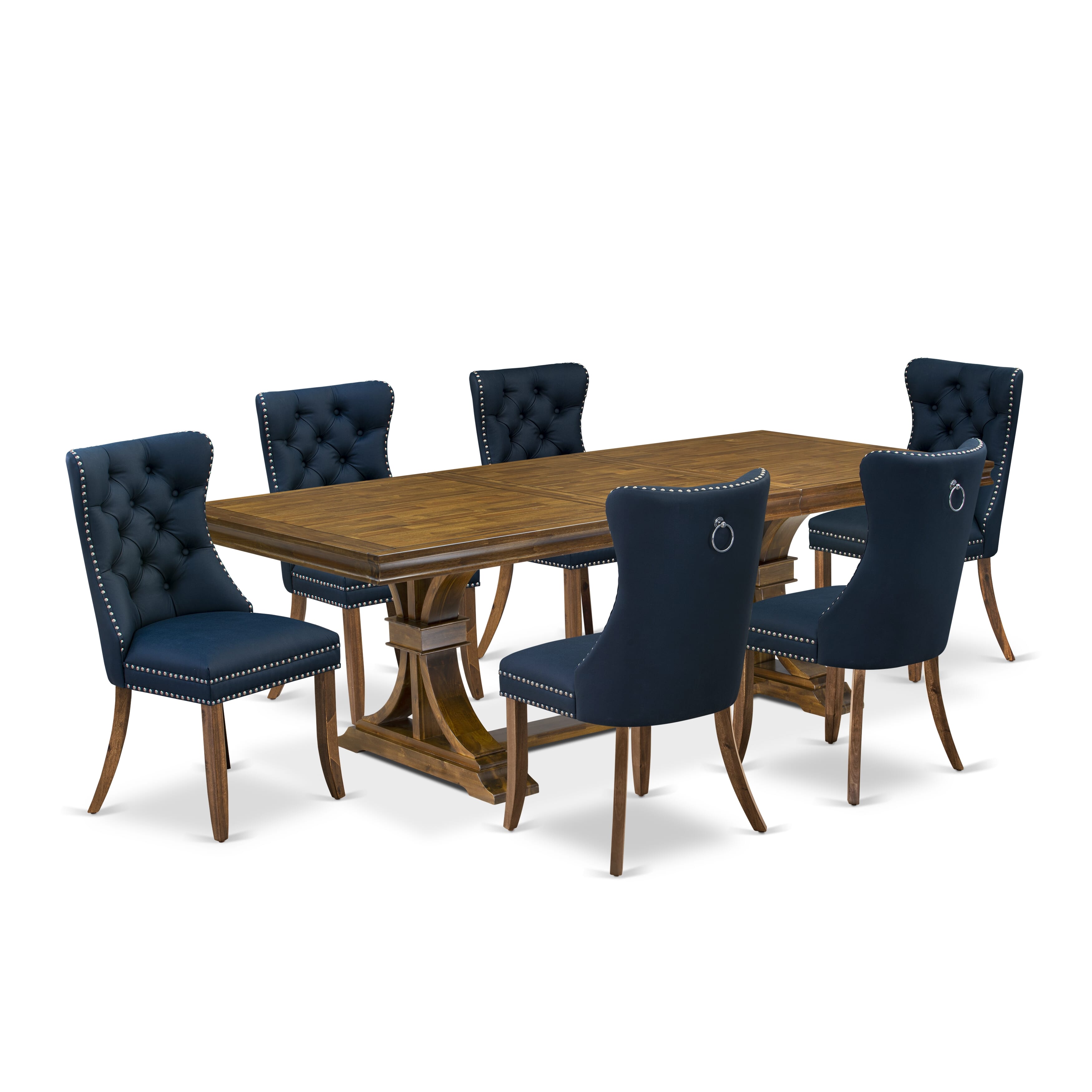 Luxe by East West Furniture LEDA7-AWA-29-7 Pieces Dining Set Contains a Rectangle Kitchen Table and 6 Navy Blue Faux Leather Modern Chairs, Antique Walnut