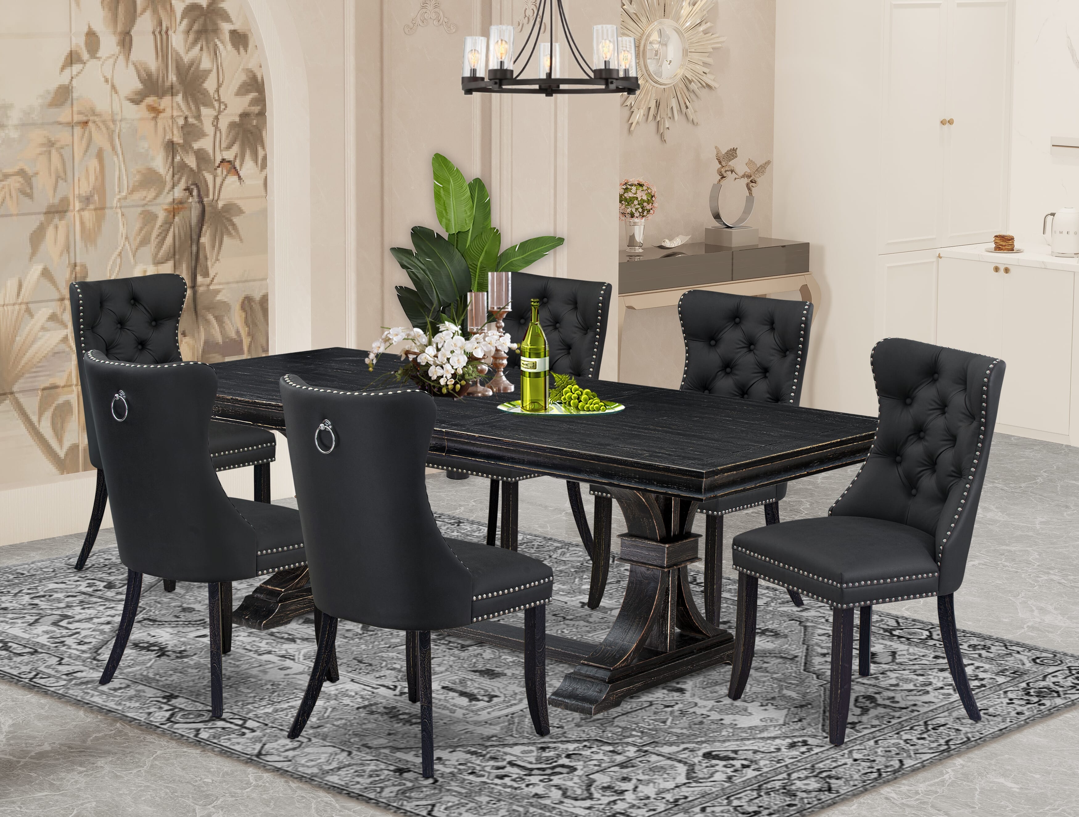 Luxe by East West Furniture LEDA7-SBB-12-7 Pieces Dining Set Contains a Rectangle Kitchen Table and 6 Dark Gray Faux Leather Modern Chairs, Sand Blasting Black.