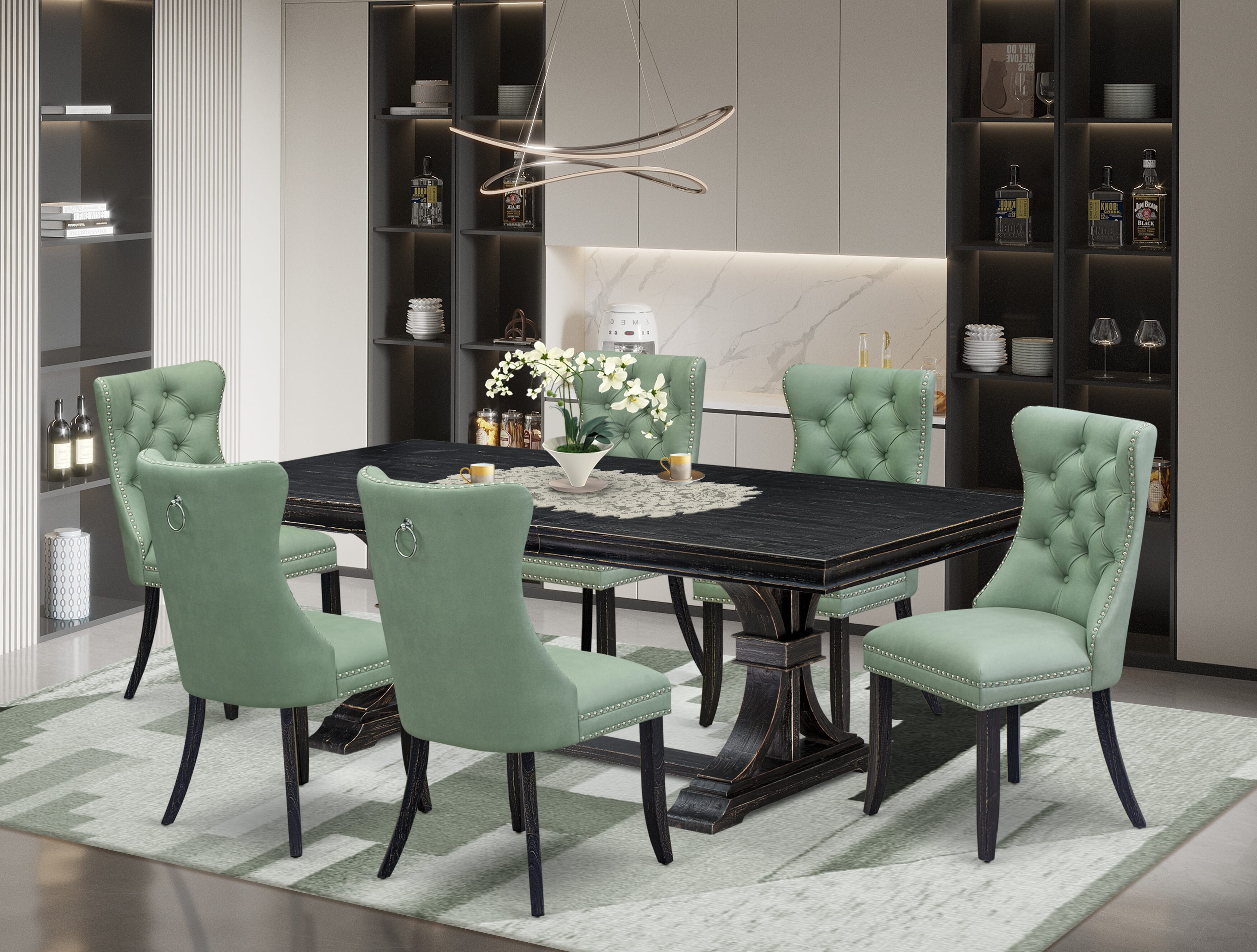Luxe by East West Furniture LEDA7-SBB-22 7 Pieces Dining Set Contains a Rectangle Kitchen Table and 6 Willow Green Faux Leather Modern Chairs, Sand Blasting Black