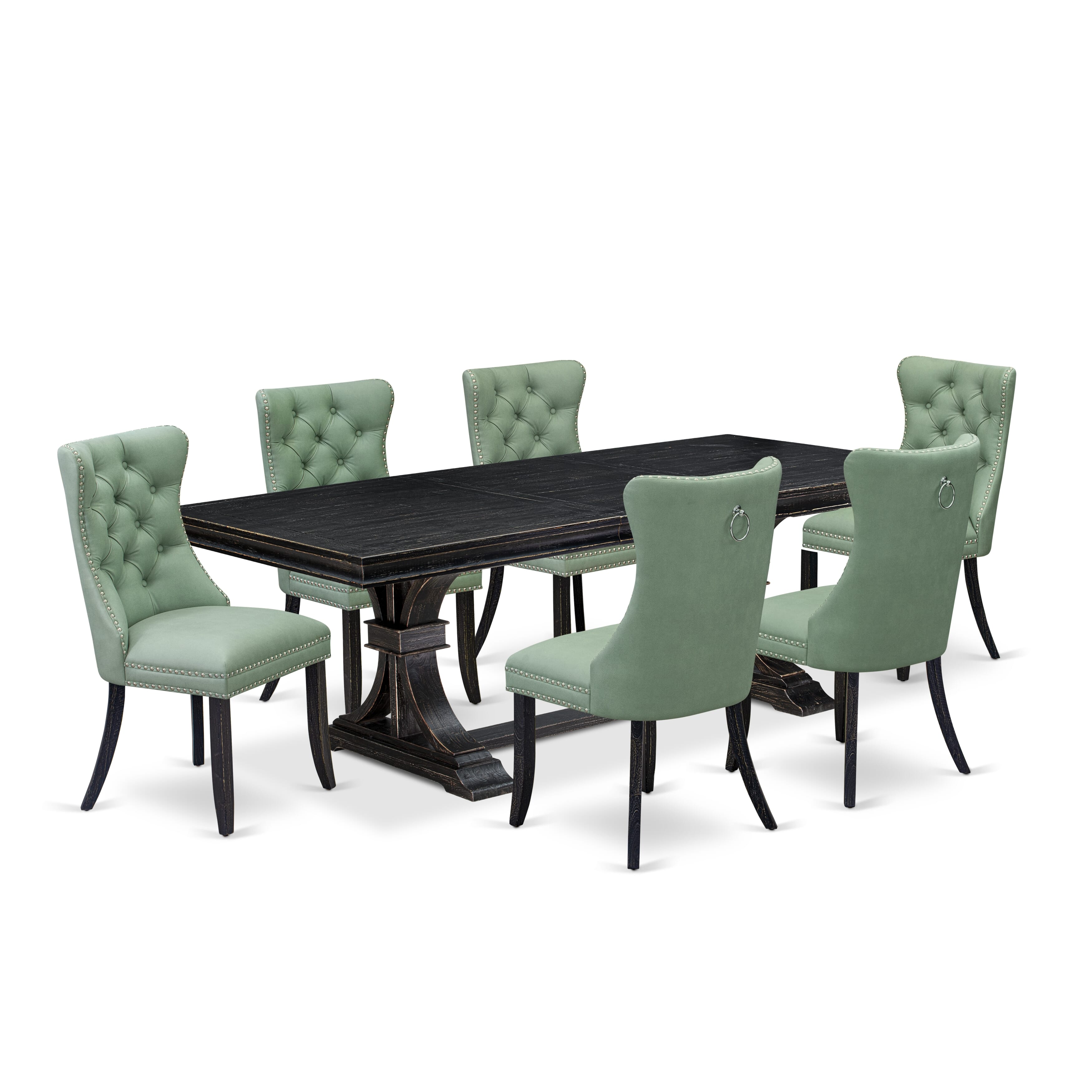 Luxe by East West Furniture LEDA7-SBB-22 7 Pieces Dining Set Contains a Rectangle Kitchen Table and 6 Willow Green Faux Leather Modern Chairs, Sand Blasting Black