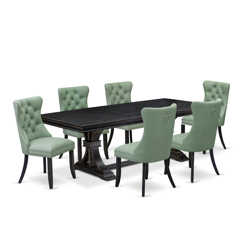 Luxe by East West Furniture LEDA7-SBB-22 7 Pieces Dining Set Contains a Rectangle Kitchen Table and 6 Willow Green Faux Leather Modern Chairs, Sand Blasting Black
