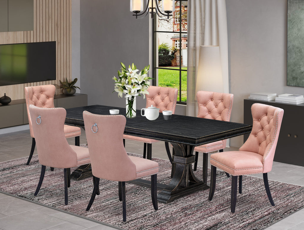 Luxe by East West Furniture LEDA7-SBB-23 7 Pieces Dining Set Contains a Rectangle Kitchen Table and 6 Beige Red Faux Leather Modern Chairs, Sand Blasting Black