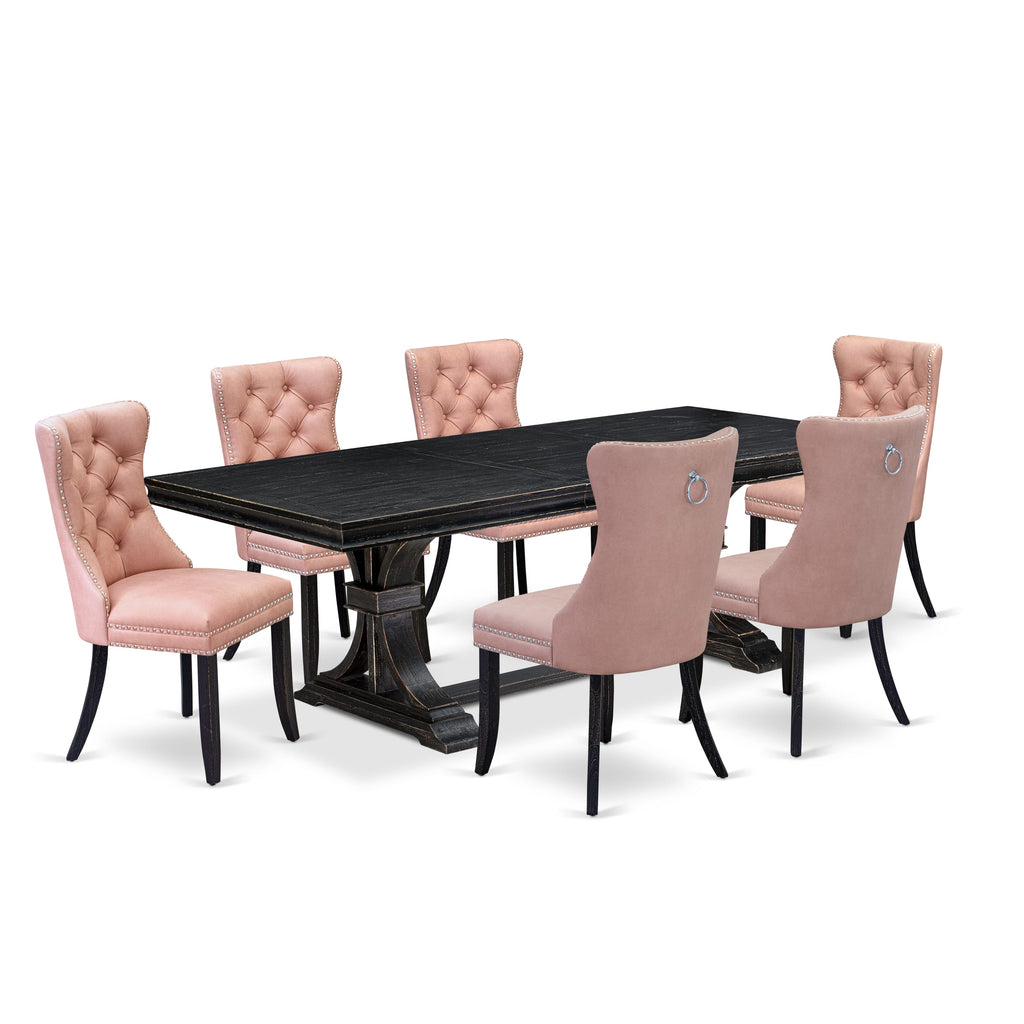 Luxe by East West Furniture LEDA7-SBB-23 7 Pieces Dining Set Contains a Rectangle Kitchen Table and 6 Beige Red Faux Leather Modern Chairs, Sand Blasting Black