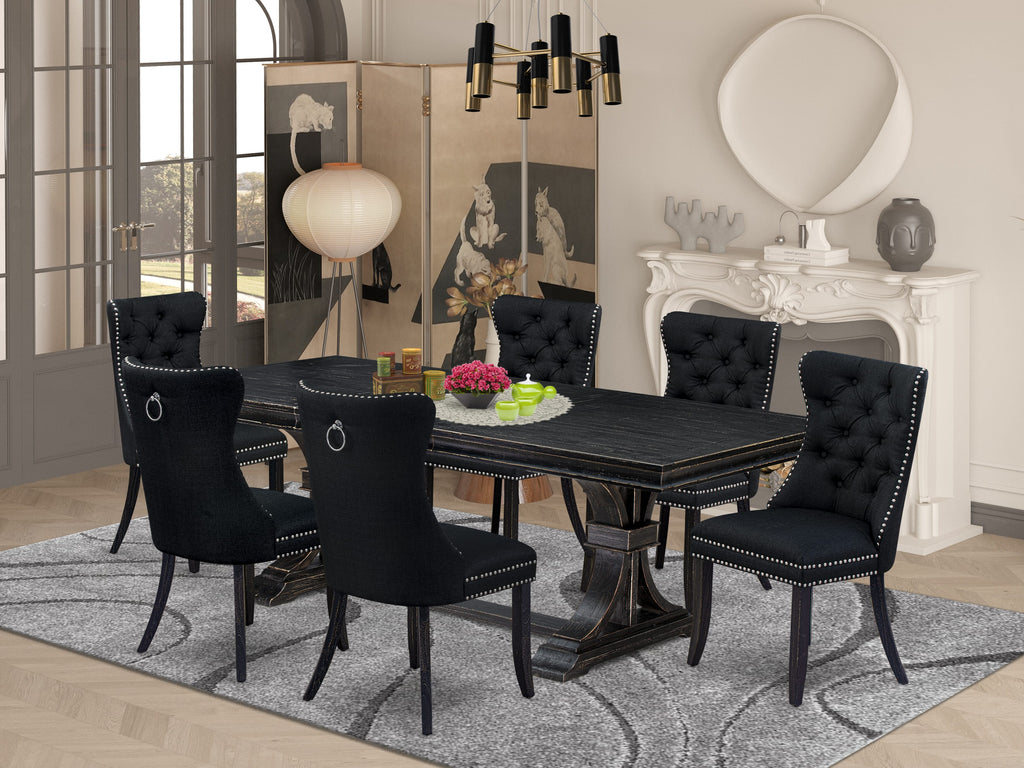 Luxe by East West Furniture LEDA7-SBB-24 - 7-piece kitchen table set includes a dining table and 6 Black Linen Fabric padded chairs with Button Tufted Chair Back - Sand Blasting Black Finish.