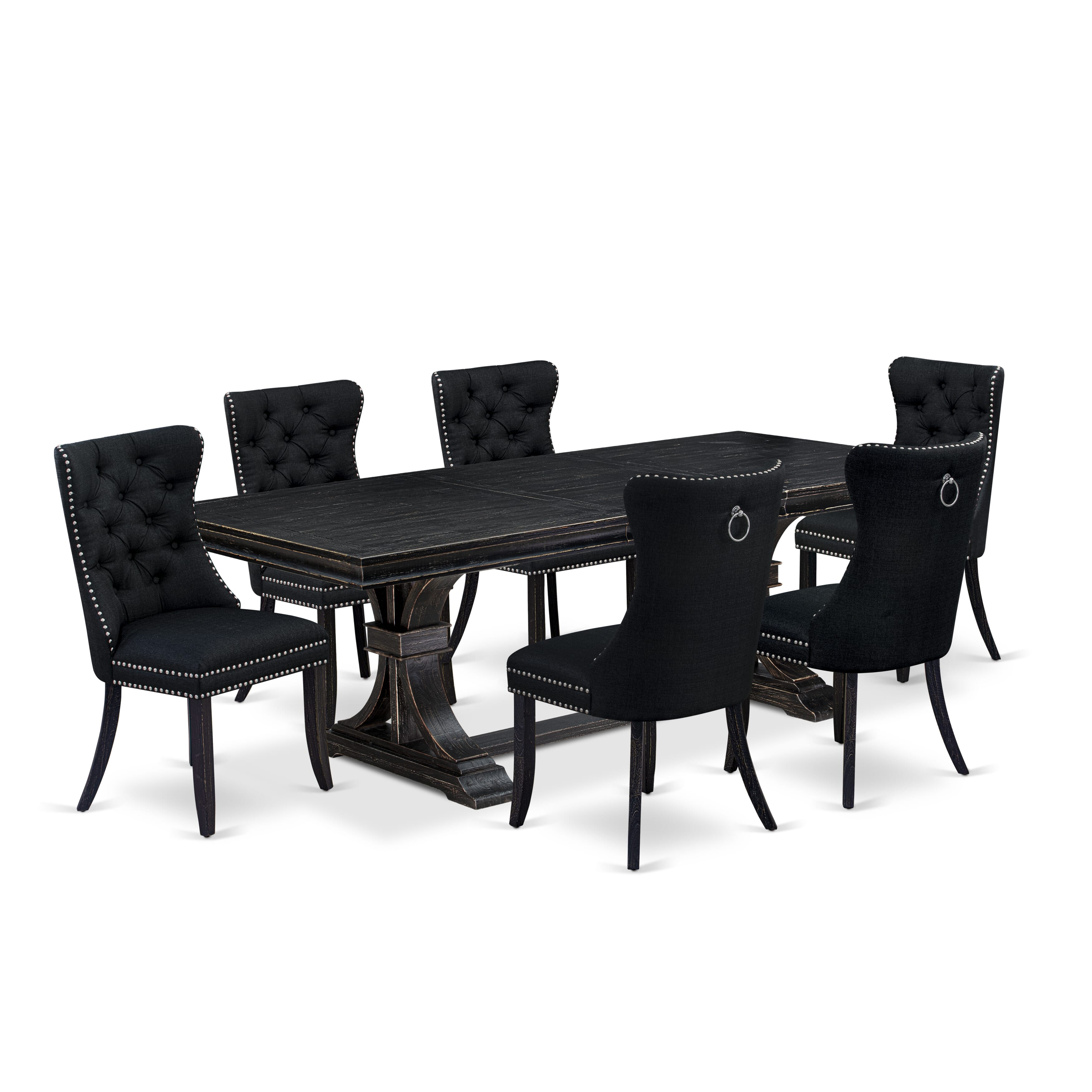 Luxe by East West Furniture LEDA7-SBB-24 - 7-piece kitchen table set includes a dining table and 6 Black Linen Fabric padded chairs with Button Tufted Chair Back - Sand Blasting Black Finish.