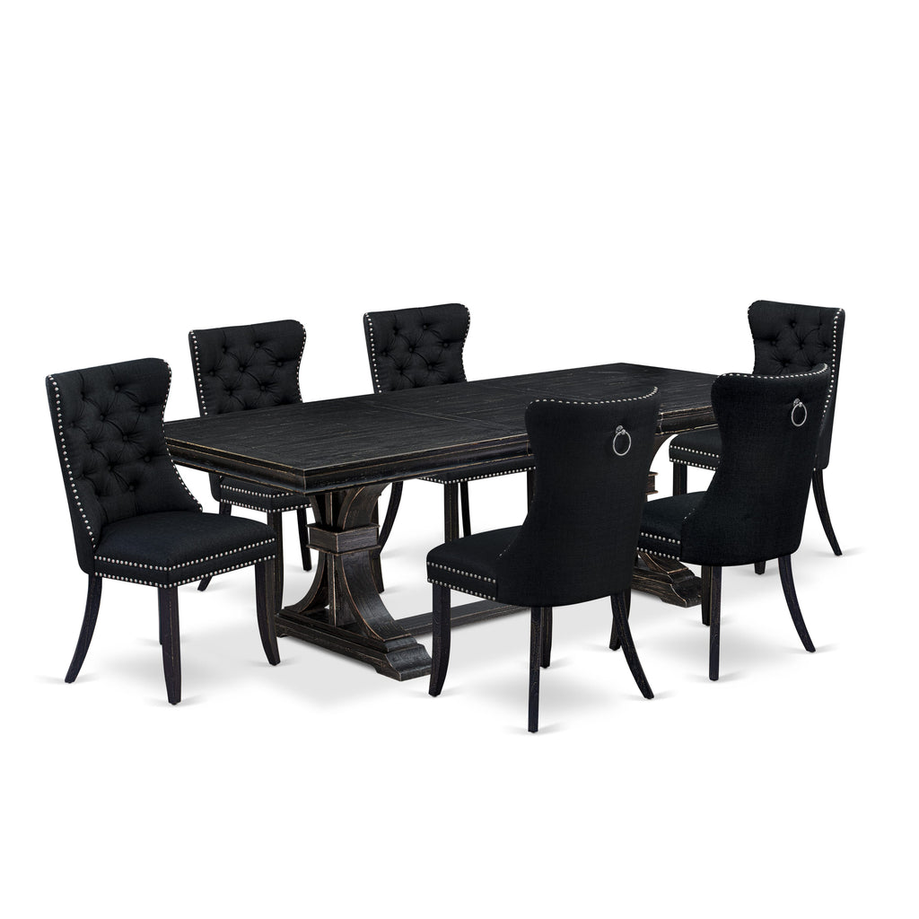 Luxe by East West Furniture LEDA7-SBB-24 - 7-piece kitchen table set includes a dining table and 6 Black Linen Fabric padded chairs with Button Tufted Chair Back - Sand Blasting Black Finish.