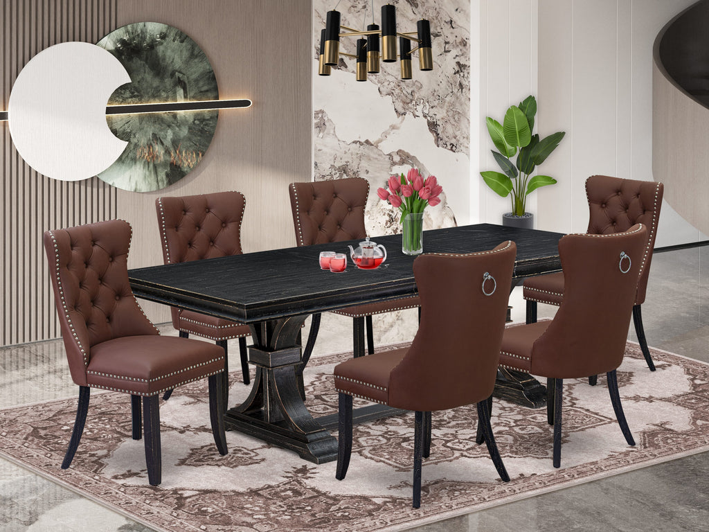 Luxe by East West Furniture LEDA7-SBB-26 - 7-piece kitchen table set includes a breakfast Table and 6 Burgundy Faux Leather dining Chairs with Button Tufted Chair Back - Sand Blasting Black Finish