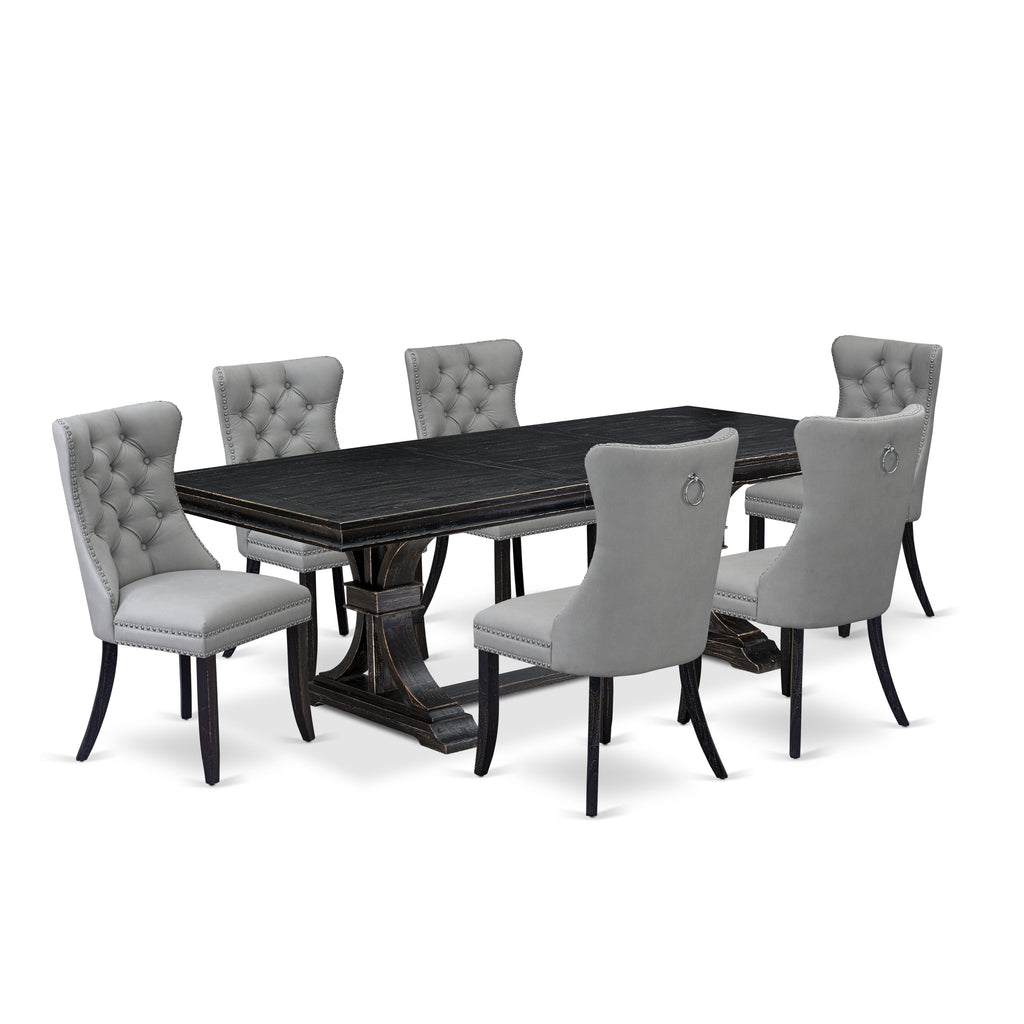 Luxe by East West Furniture LEDA7-SBB-27 - 7-piece modern dining set includes a kitchen table and 6 Light Gray Faux Leather kitchen Chairs with Button Tufted Chair Back - Sand Blasting Black Finish