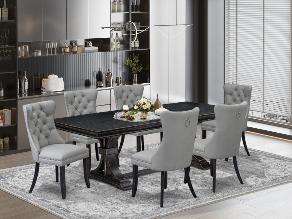 Luxe by East West Furniture LEDA7-SBB-27 - 7-piece modern dining set includes a kitchen table and 6 Light Gray Faux Leather kitchen Chairs with Button Tufted Chair Back - Sand Blasting Black Finish