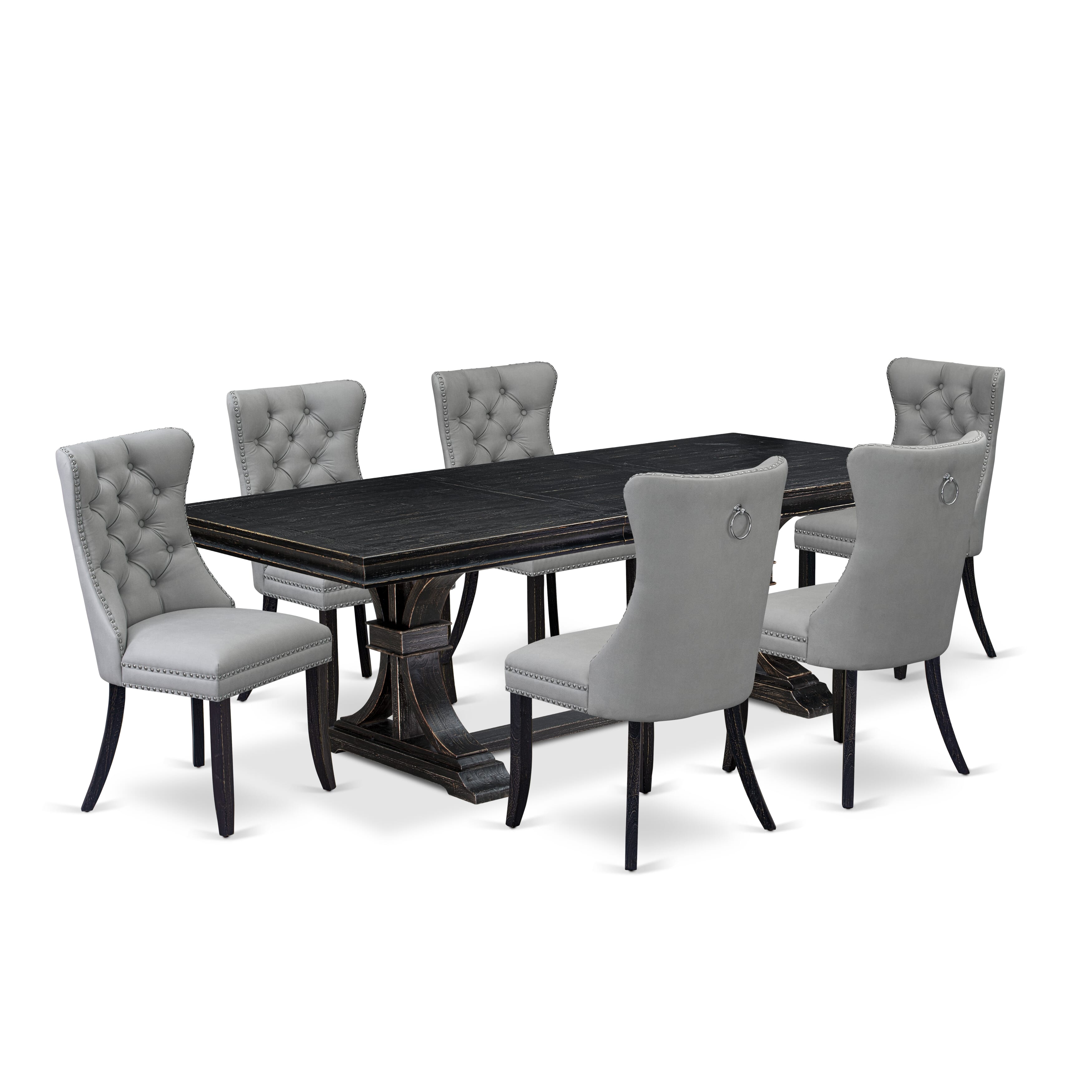 Luxe by East West Furniture LEDA7-SBB-27 - 7-piece modern dining set includes a kitchen table and 6 Light Gray Faux Leather kitchen Chairs with Button Tufted Chair Back - Sand Blasting Black Finish