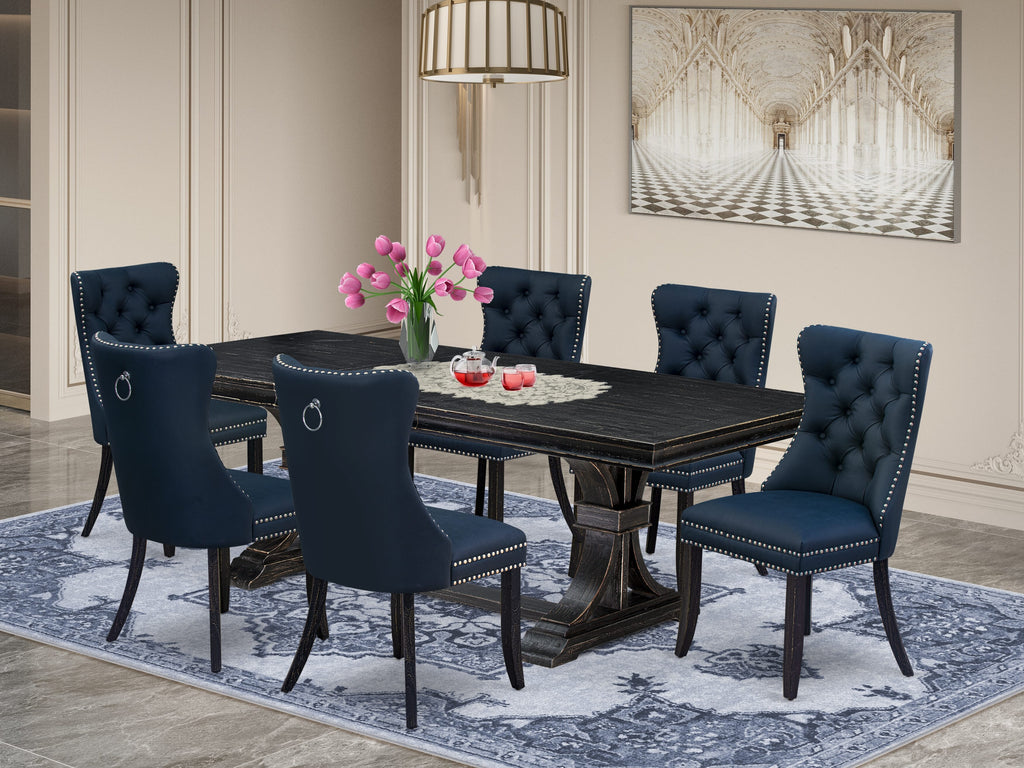 Luxe by East West Furniture LEDA7-SBB-29 - 7-piece dining set includes a breakfast table and 6 Navy Blue Faux Leather kitchen Chairs with Button Tufted Chair Back - Sand Blasting Black Finish.