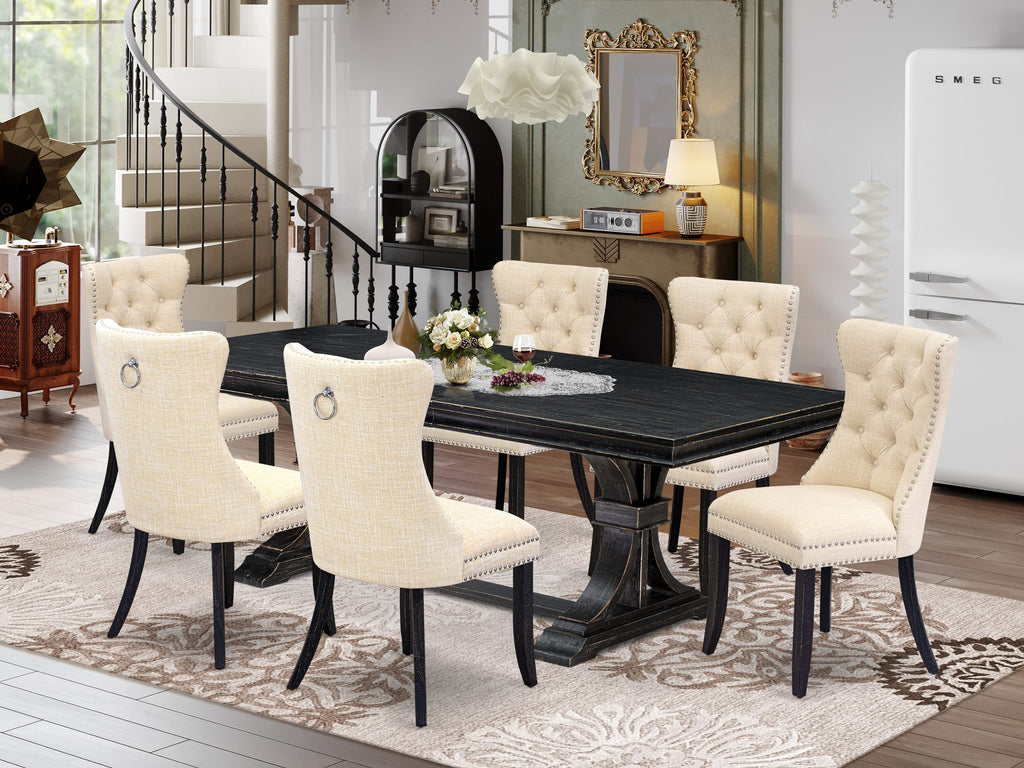 Luxe by East West Furniture LEDA7-SBB-32 - 7-piece dining table set consists of a wooden table and 6 Light Beige Linen Fabric dining room chairs with Button Tufted Chair Back - Sand Blasting Black Finish.
