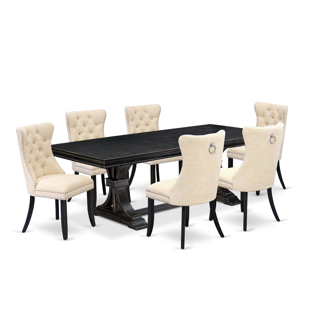 Luxe by East West Furniture LEDA7-SBB-32 - 7-piece dining table set consists of a wooden table and 6 Light Beige Linen Fabric dining room chairs with Button Tufted Chair Back - Sand Blasting Black Finish.