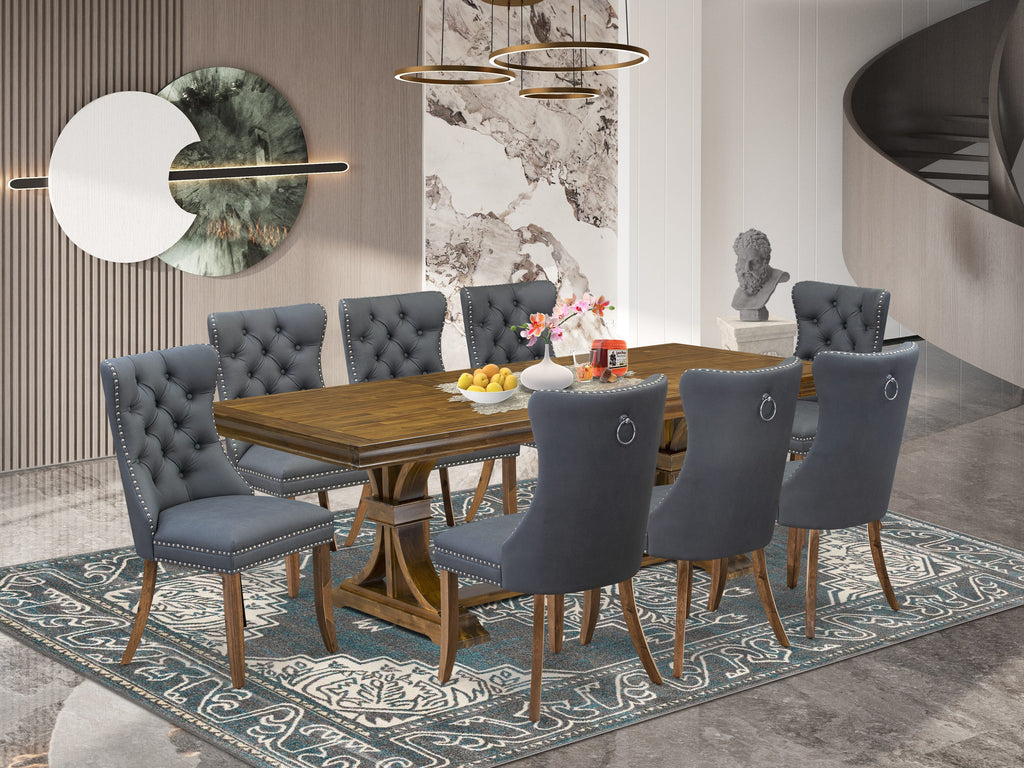 Luxe by East West Furniture LEDA9-AWA-13 9-piece Kitchen Table Set consists of a Dining Table and 8 Platinum Gray PU Leather Dinner Chairs with Button tufted Back - Antique Walnut Finish