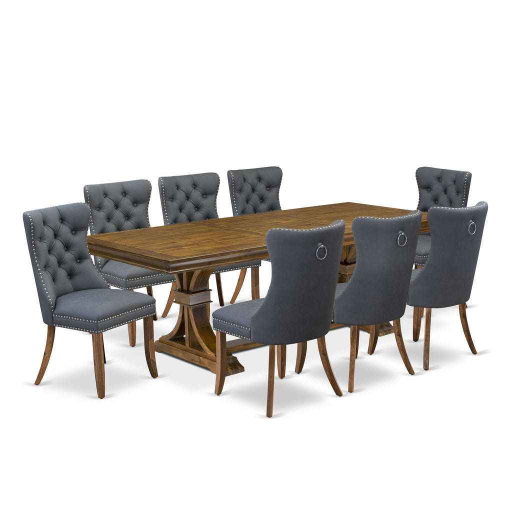 Luxe by East West Furniture LEDA9-AWA-13 9-piece Kitchen Table Set consists of a Dining Table and 8 Platinum Gray PU Leather Dinner Chairs with Button tufted Back - Antique Walnut Finish