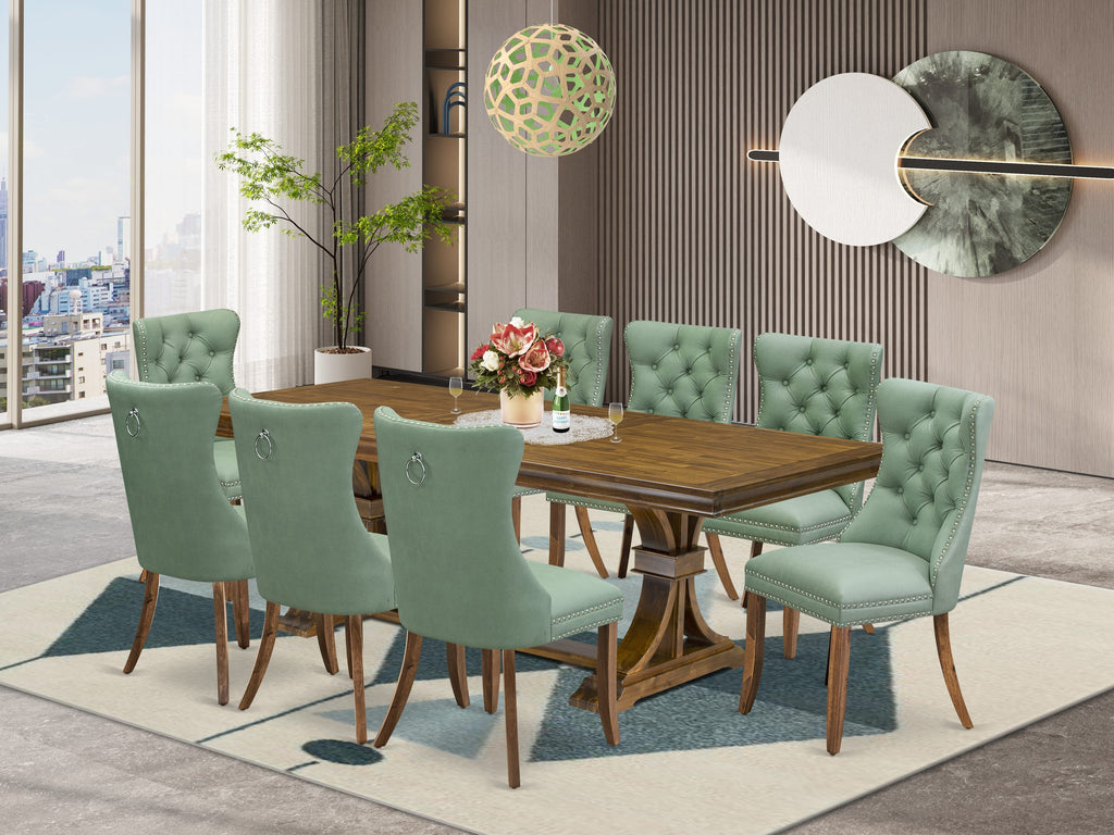 Luxe by East West Furniture LEDA9-AWA-22 9-piece Modern Dining Table Set includes a Kitchen Table and 8 Willow Green PU Leather Dinner Chairs with Button tufted Back - Antique Walnut Finish