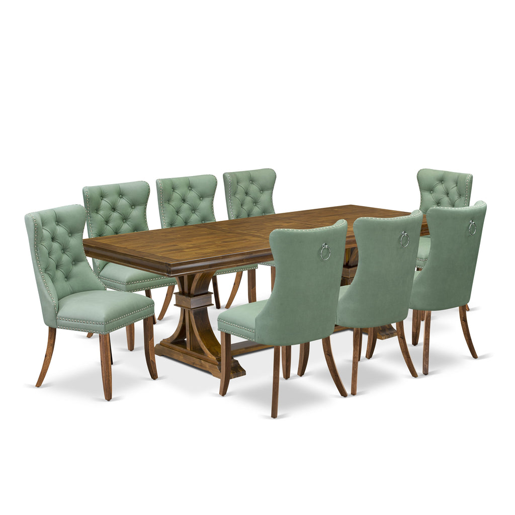 Luxe by East West Furniture LEDA9-AWA-22 9-piece Modern Dining Table Set includes a Kitchen Table and 8 Willow Green PU Leather Dinner Chairs with Button tufted Back - Antique Walnut Finish